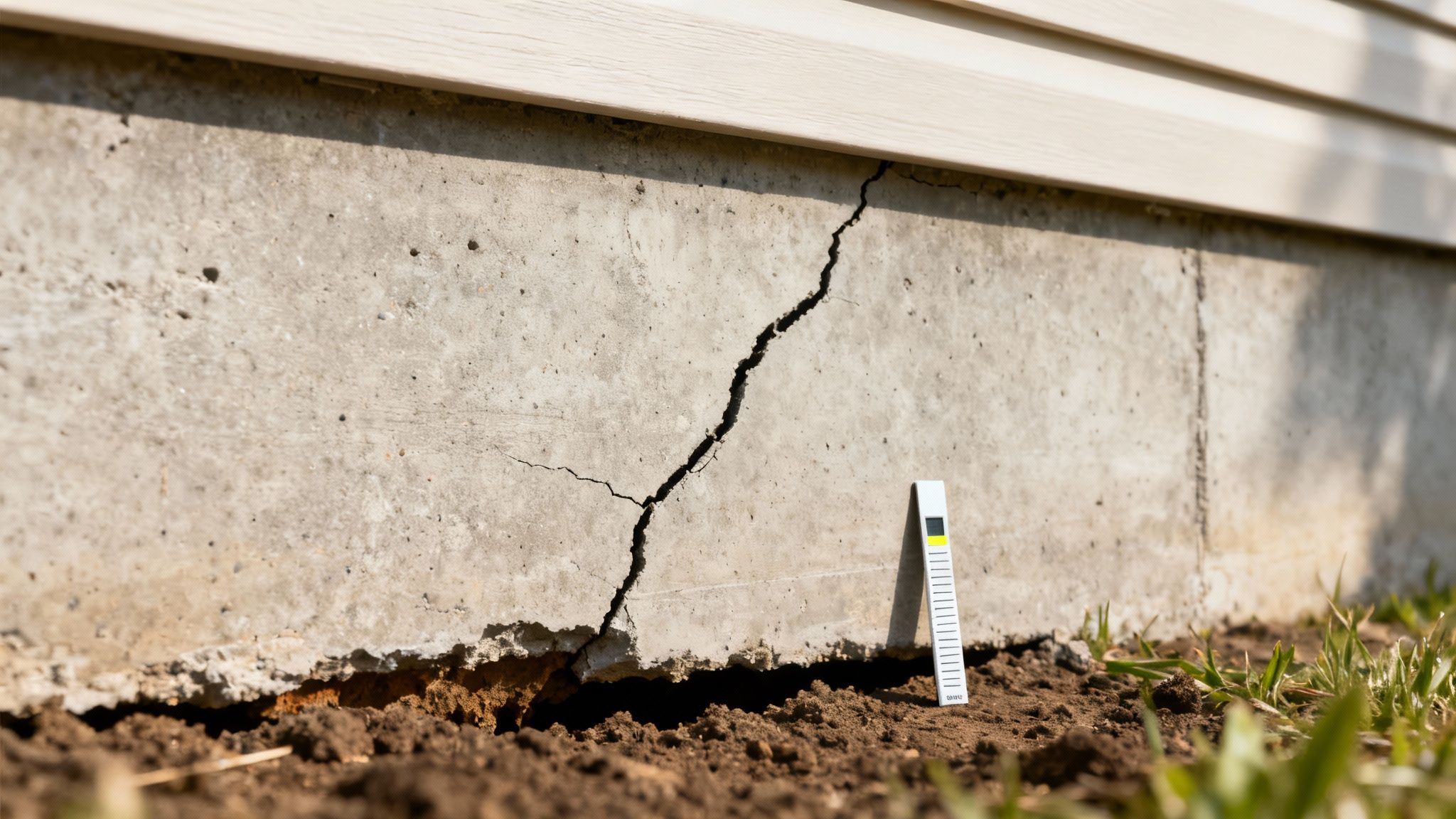 Close-up of a deep vertical crack in a concrete house foundation with a white measurement scale.
