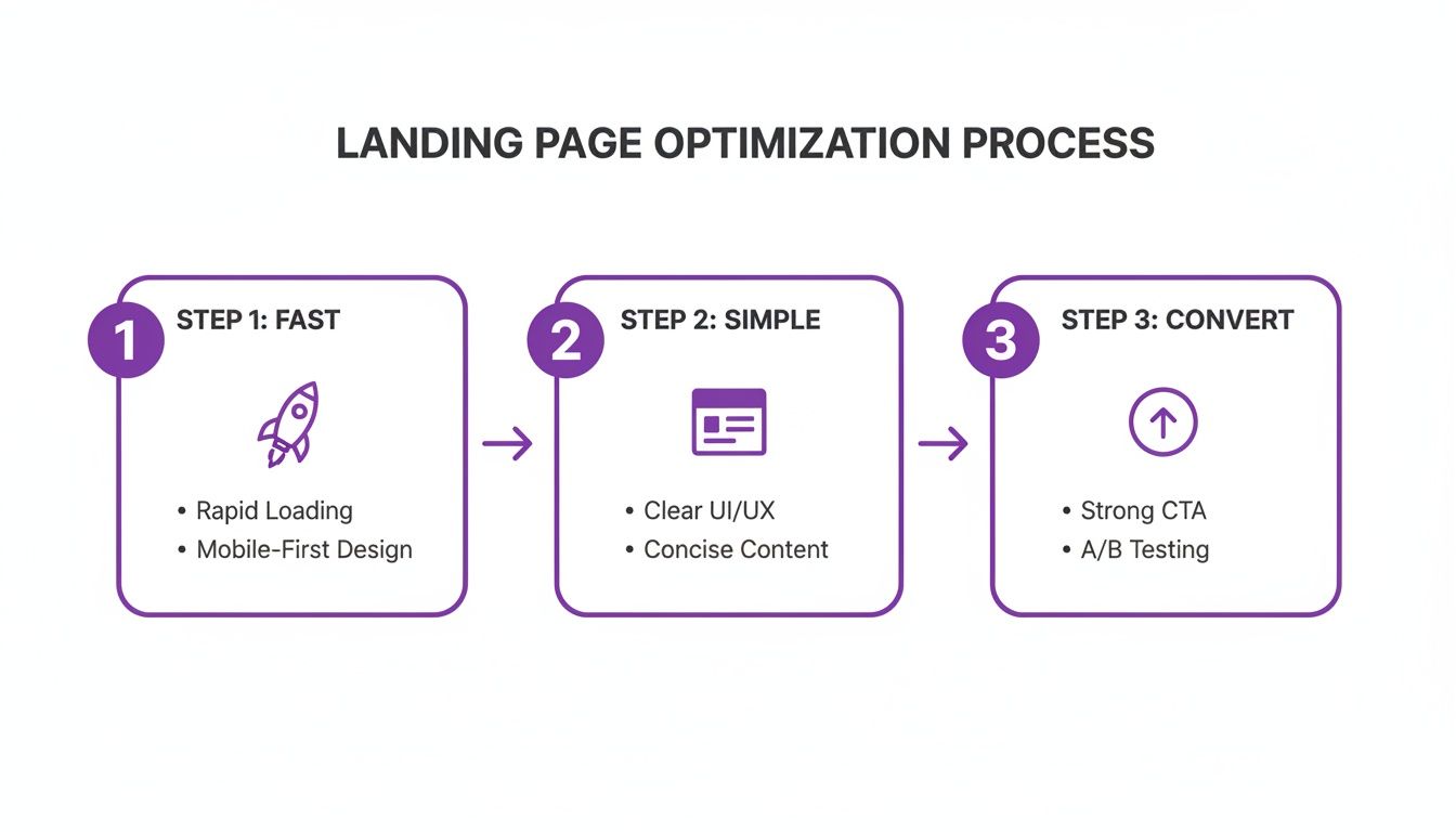 Infographic showing a 3-step landing page optimization process: fast, simple, convert, with key actions for each.