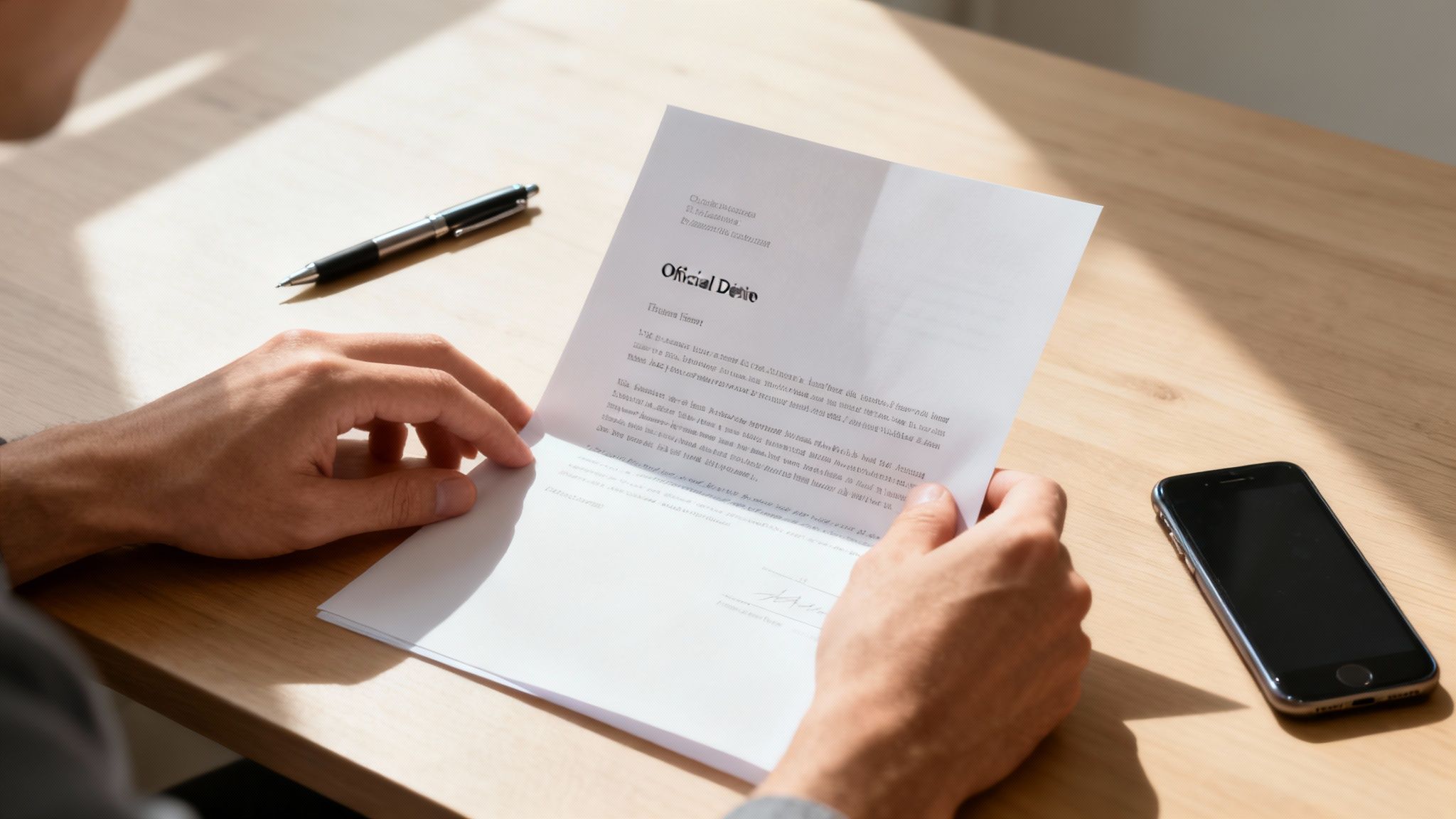 An injured construction worker looking at paperwork with a concerned expression