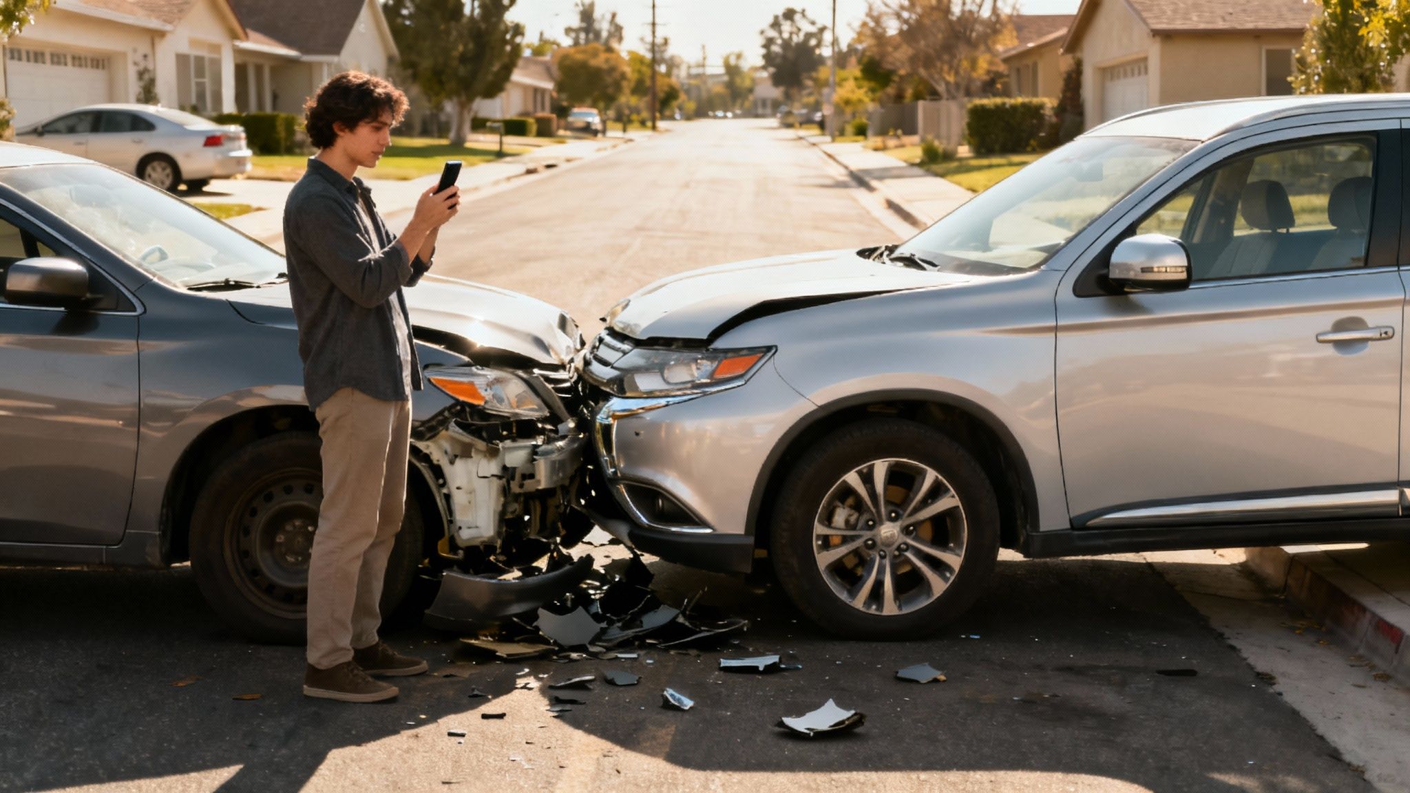 A person taking photos of a car accident scene with their smartphone.