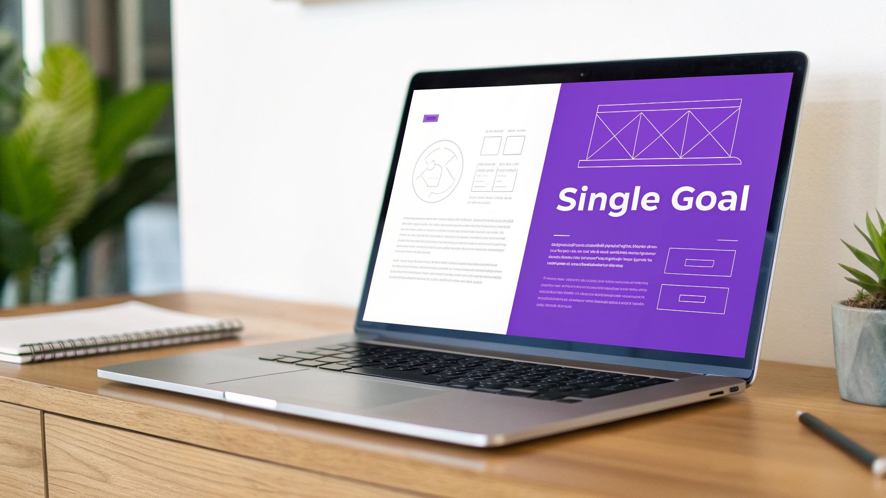 A modern laptop displaying 'Single Goal' on its screen, placed on a wooden desk with a notebook.