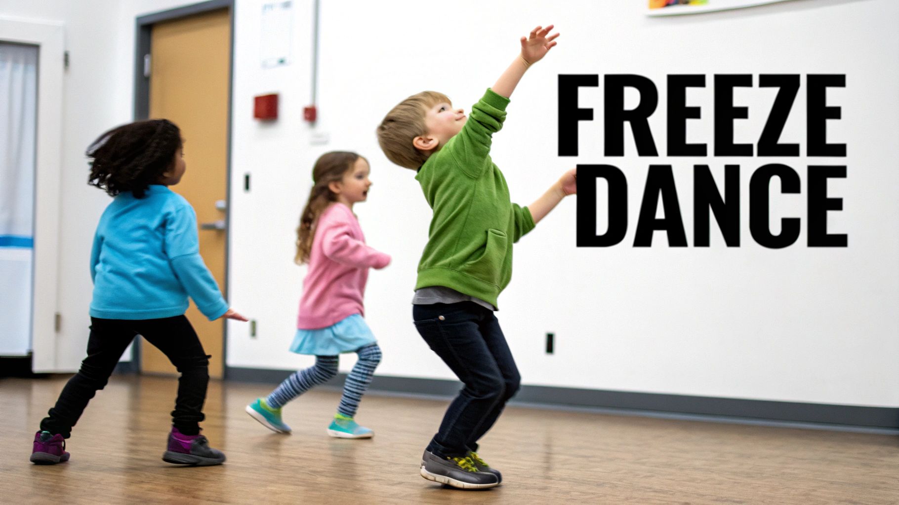 Three diverse preschool children enthusiastically participate in a lively freeze dance activity.