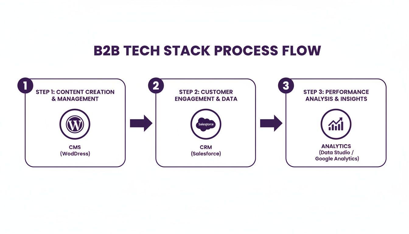 B2B tech stack process flow illustrating content creation (WordPress), customer engagement (Salesforce), and performance analysis (Analytics).