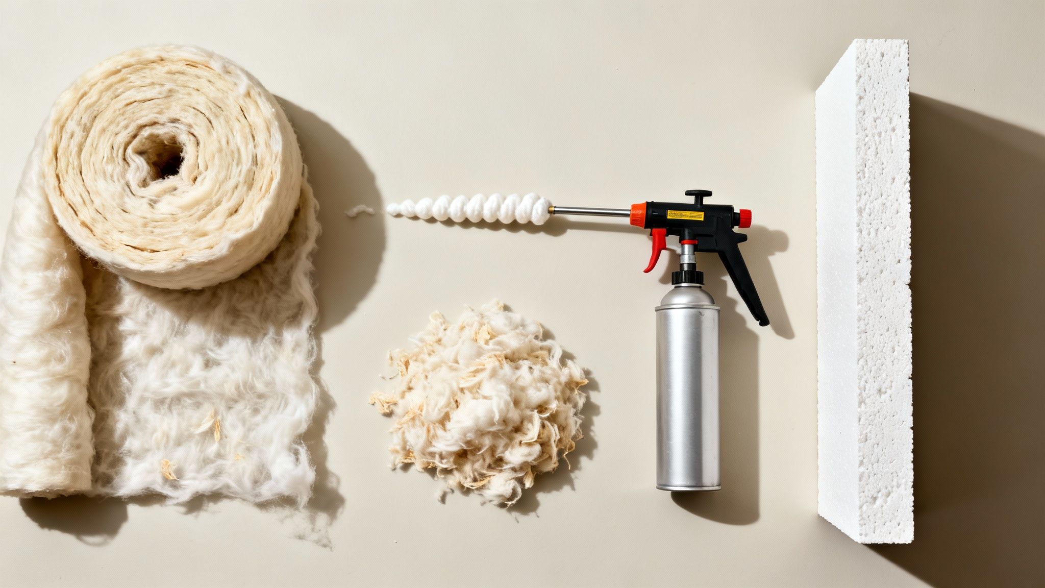 Various home insulation materials: a natural fiber roll, loose fibers, spray foam, and a polystyrene board.