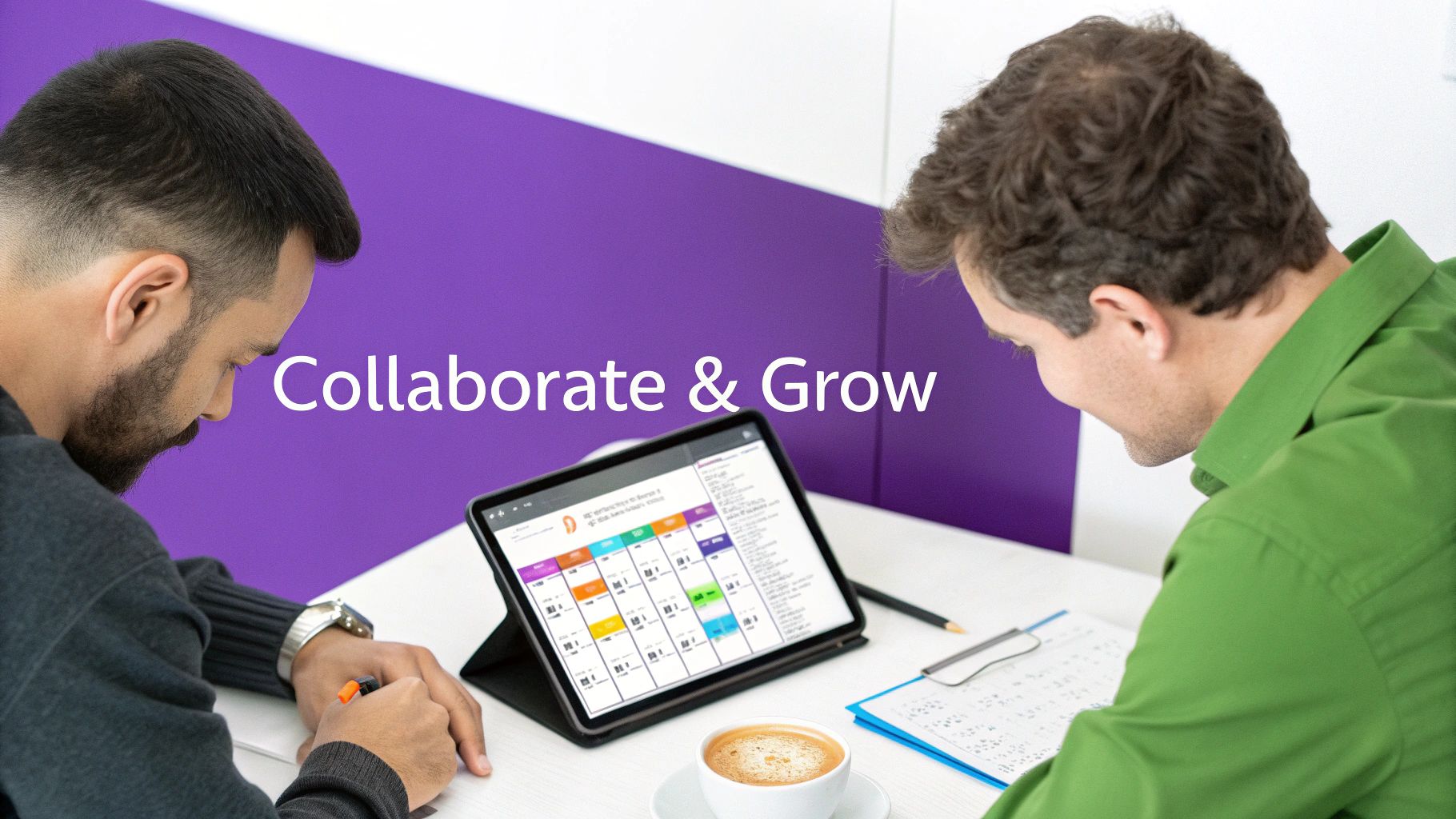 Two professionals collaborate on a tablet, viewing a digital calendar at a bright office desk.