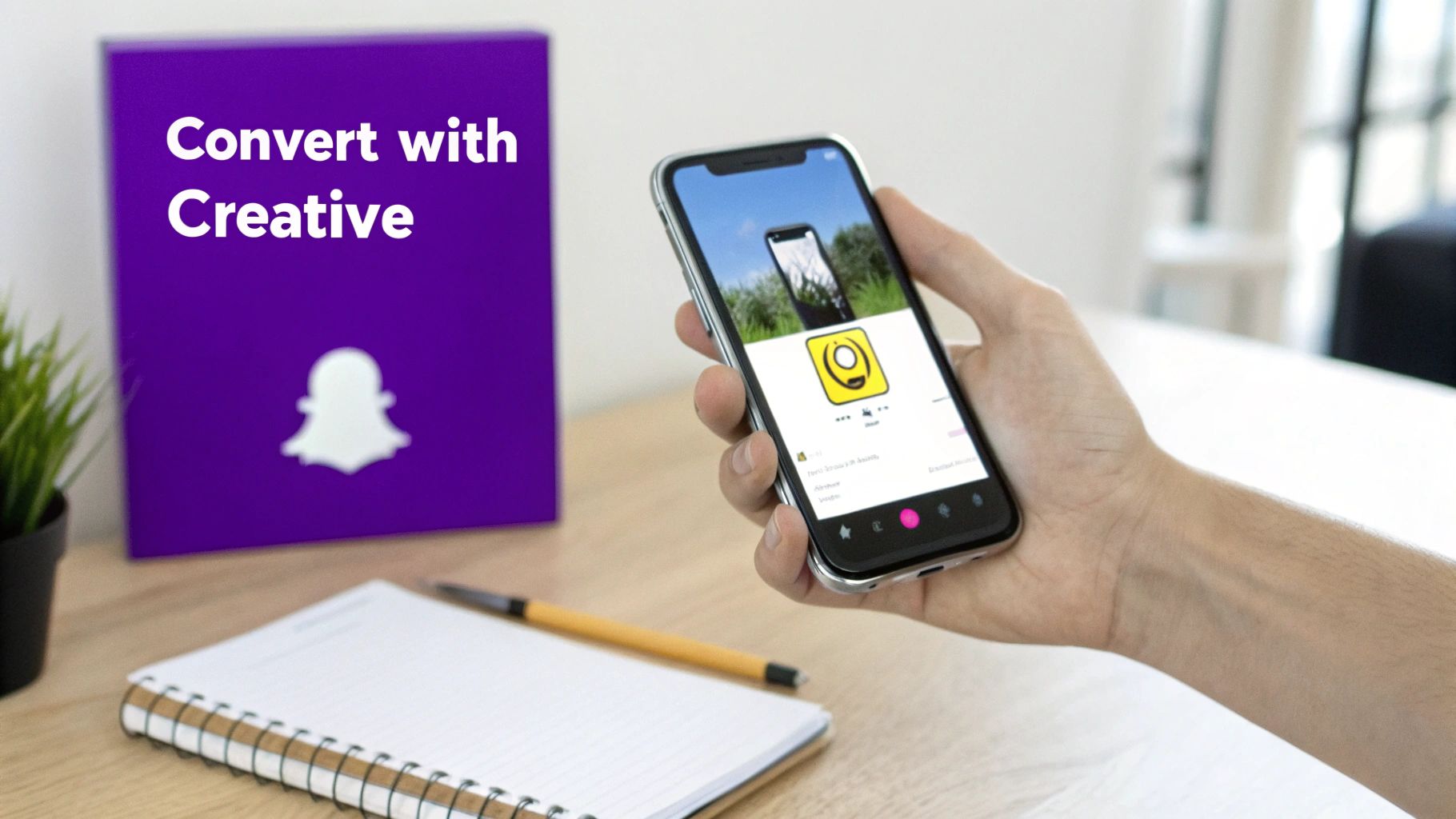 A hand holds a smartphone showing an app, next to a purple box with a Snapchat ghost and 'Convert with Creative' text.