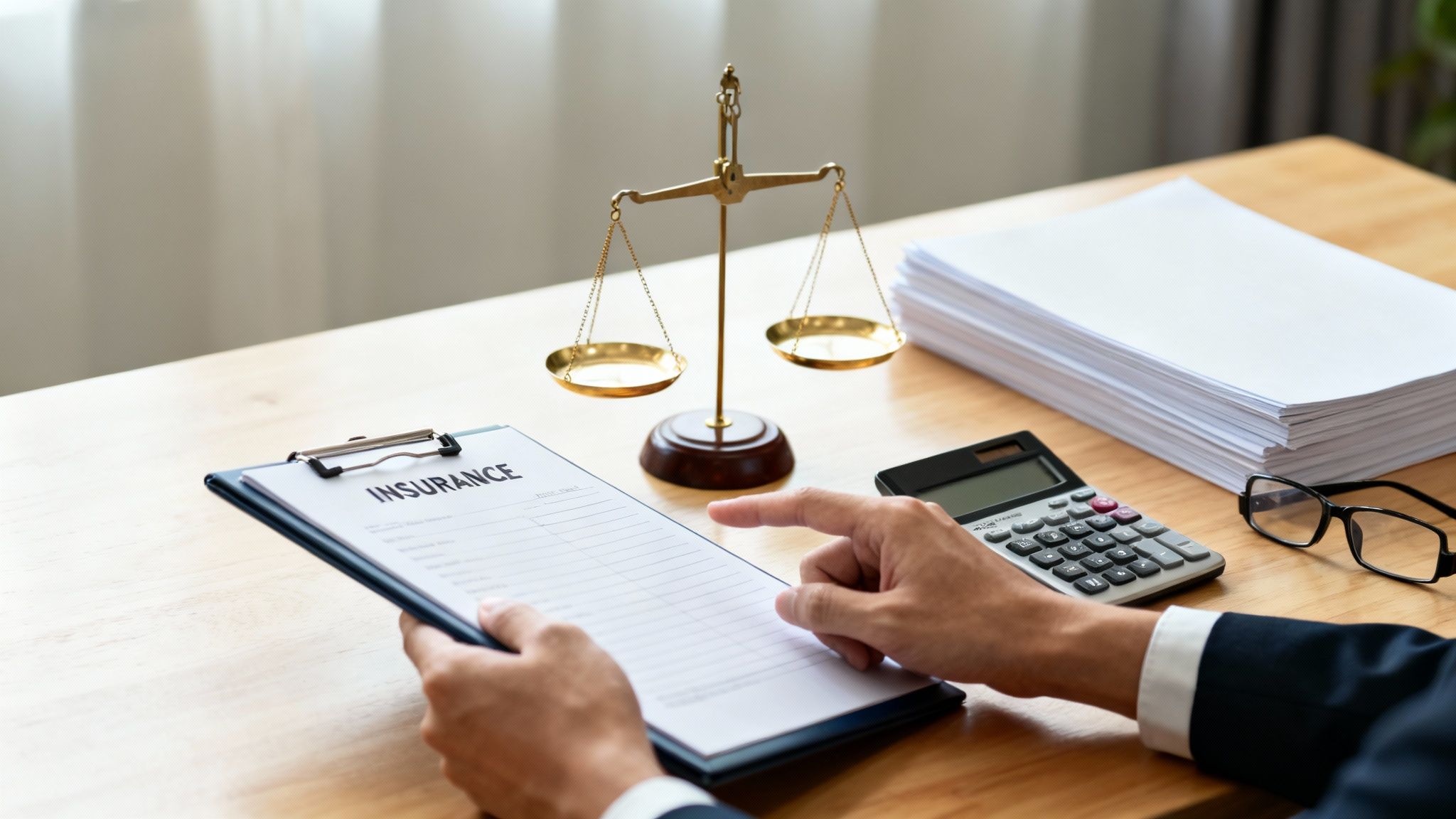 A person reviews an insurance policy document on a desk with a scale of justice and calculator.