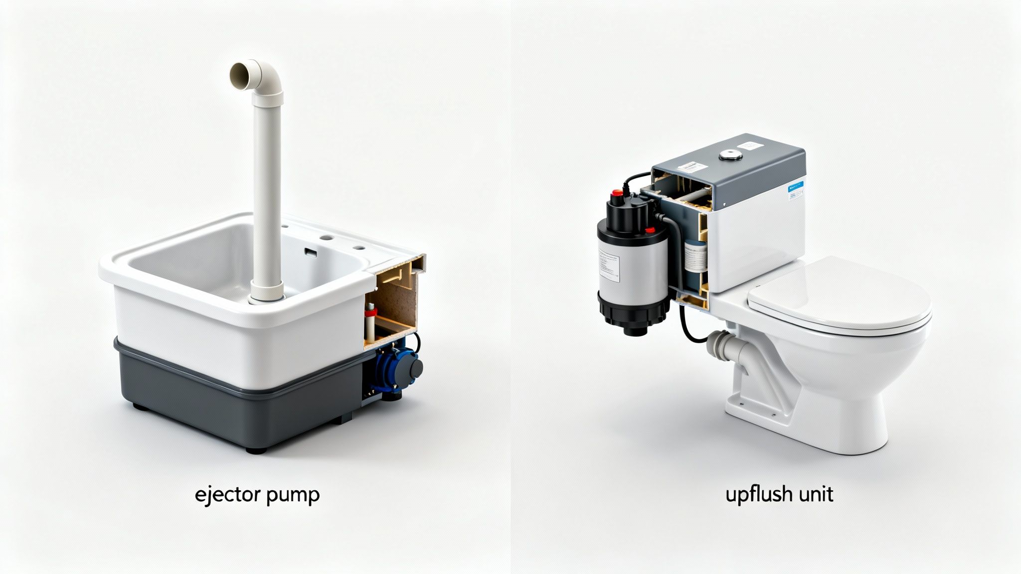Diagram showing an ejector pump setup for a basin and an upflush toilet system.