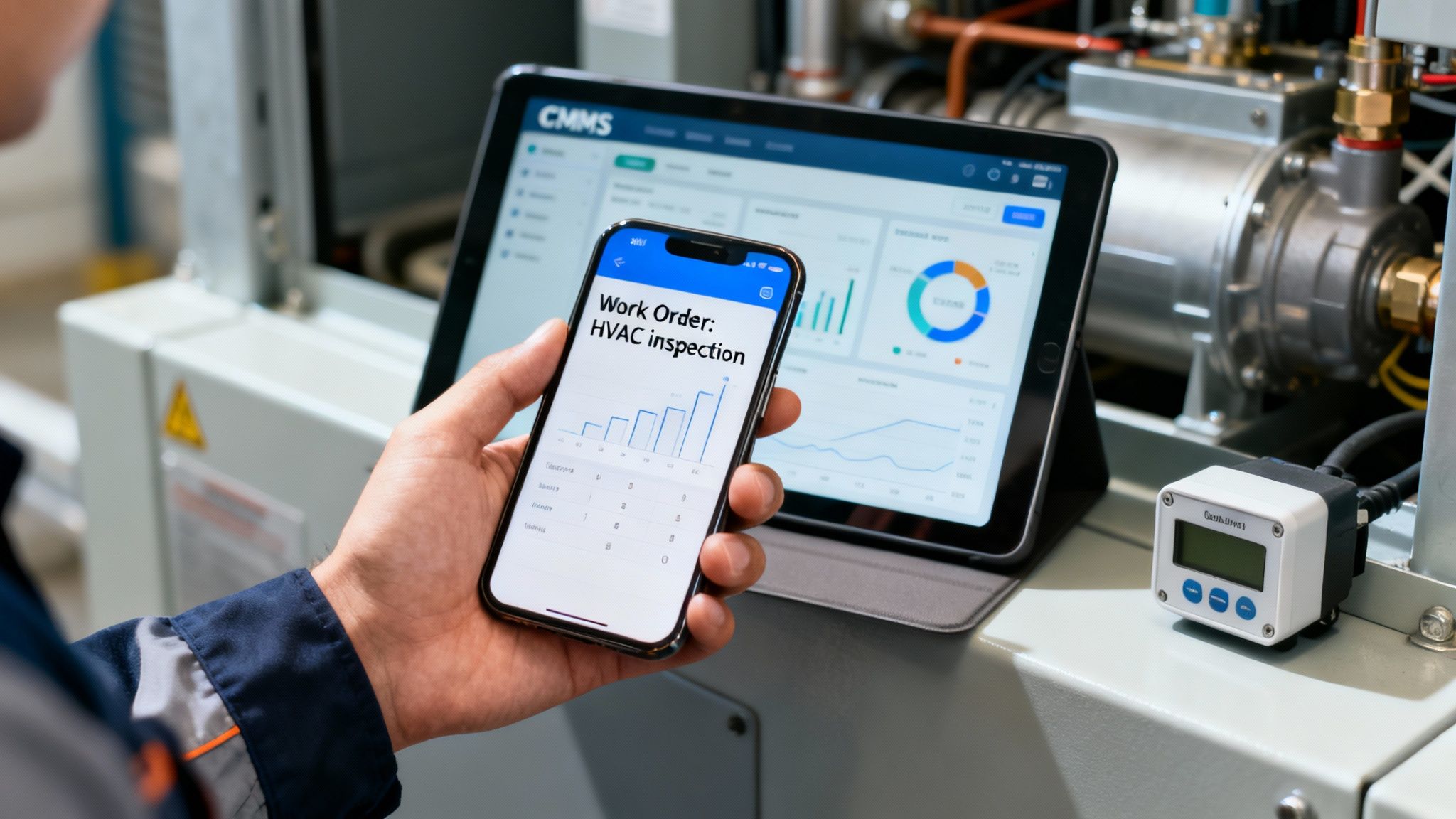 Technician uses a smartphone for an HVAC inspection work order with a CMMS dashboard on a tablet.