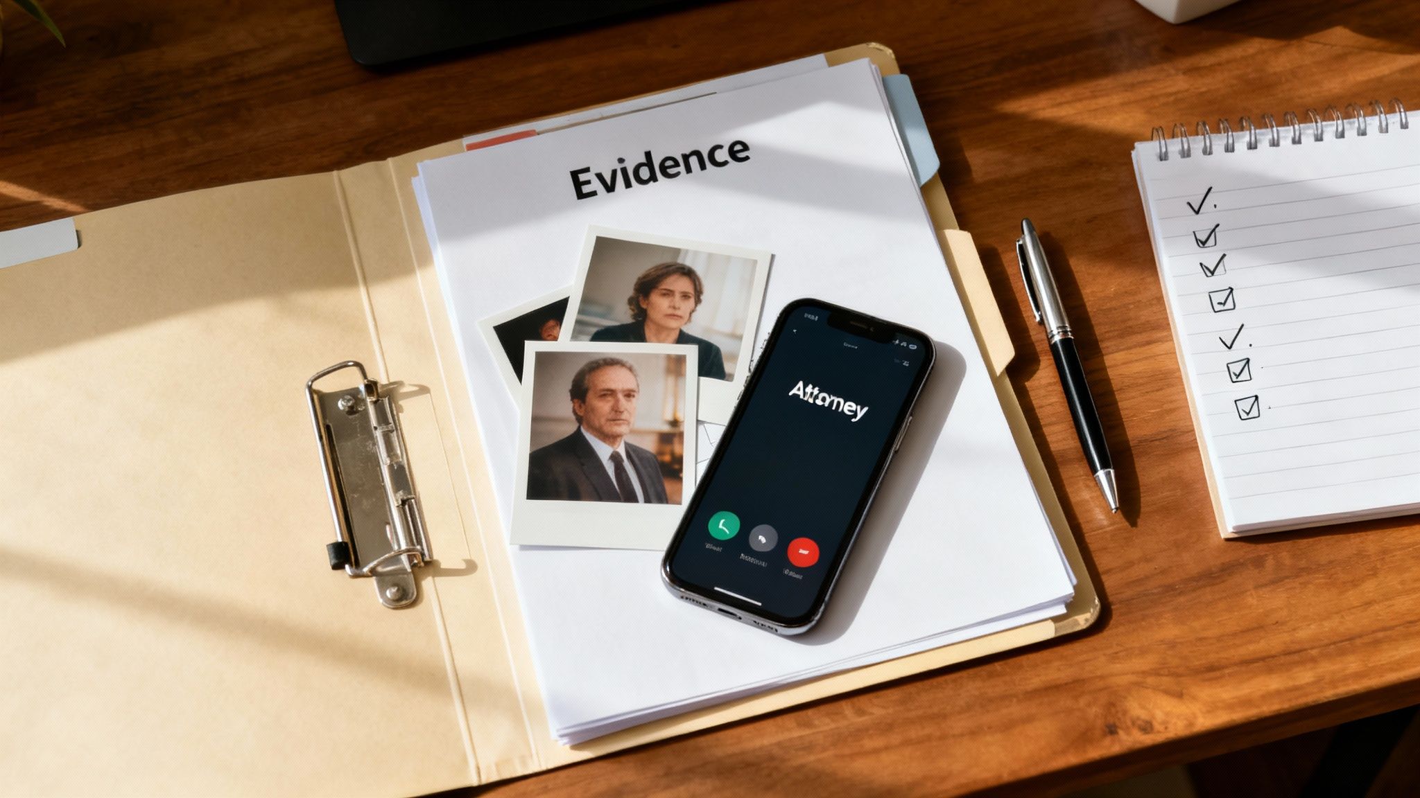 A person carefully reviewing legal documents with a pen at a wooden desk.