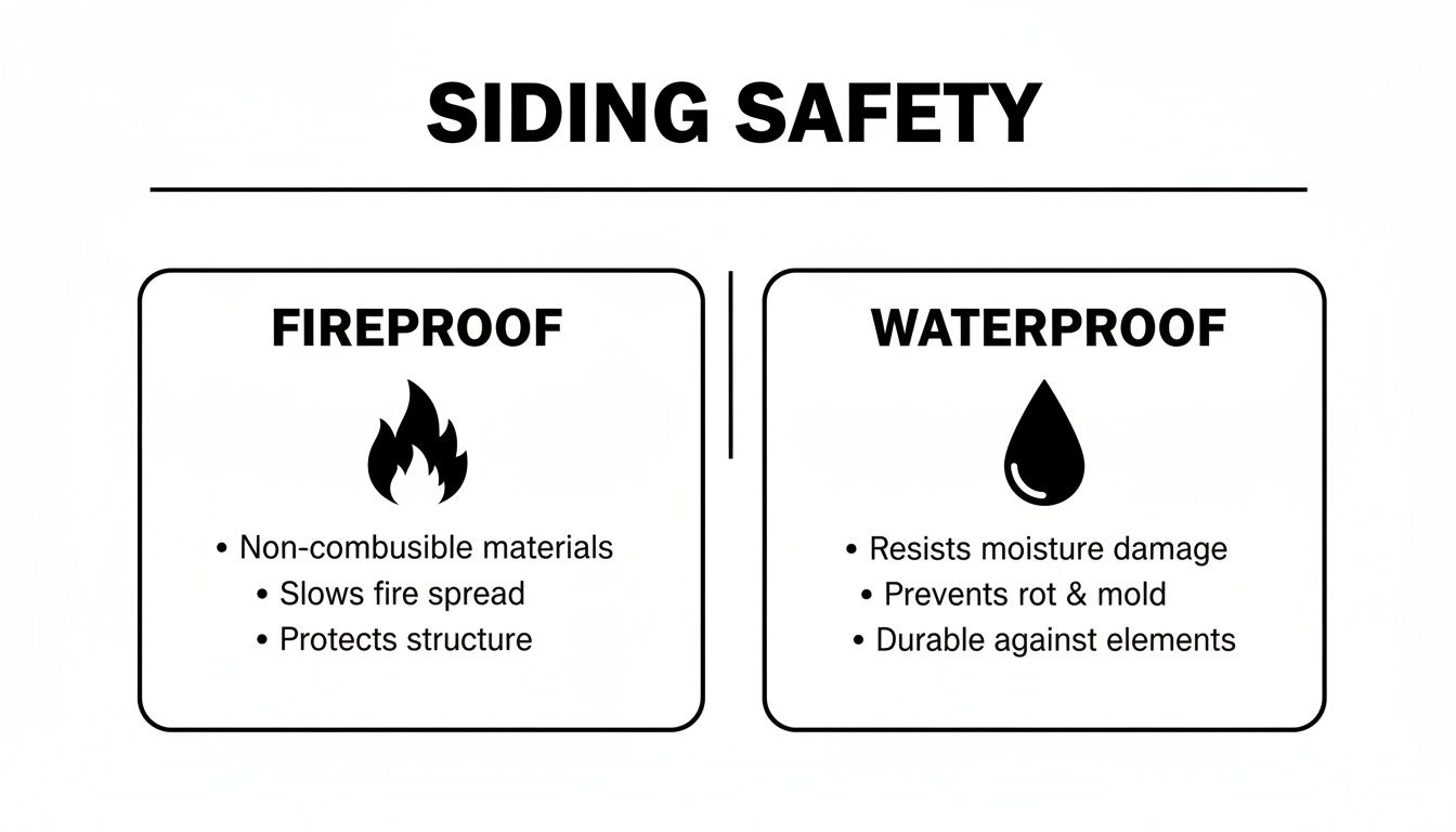 Infographic showing fireproof and waterproof safety benefits of siding for homes and structures.