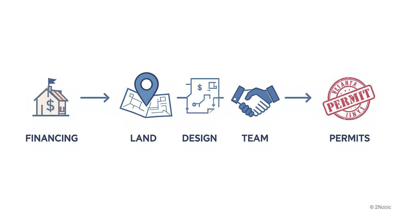 A five-step infographic showing the process of building a house: financing, land, design, team, and permits.