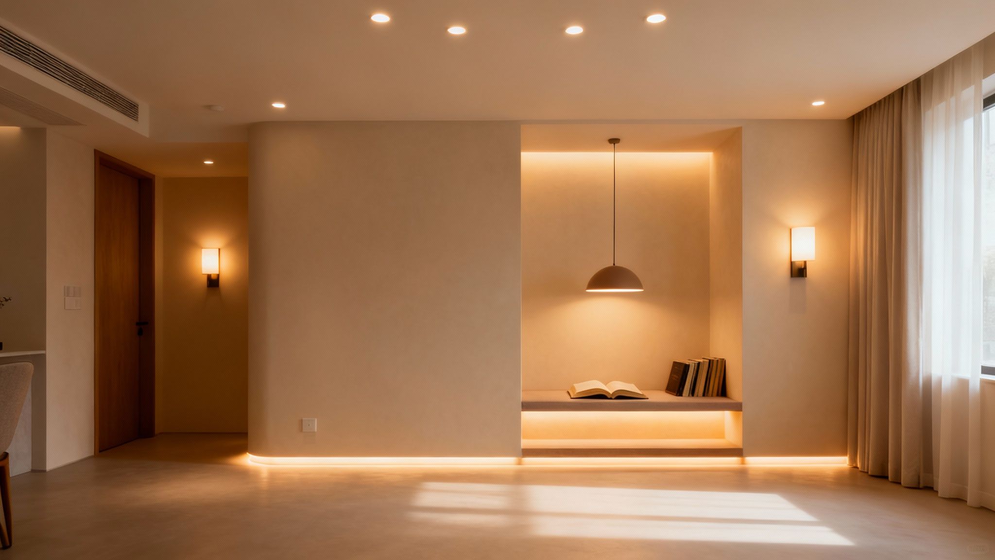 A warmly lit modern room with a recessed reading nook, pendant light, and wall sconces.