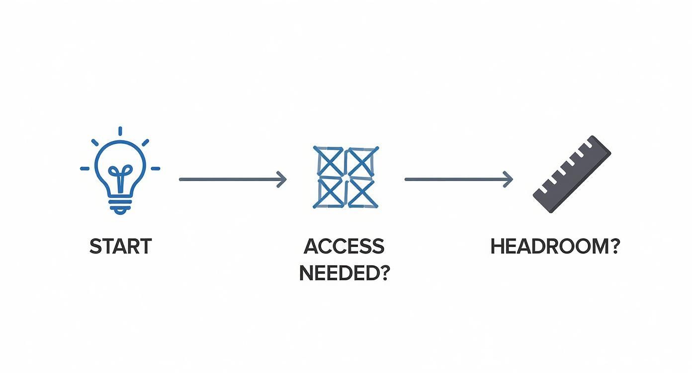 A three-step process diagram with icons: Start (lightbulb), Access Needed? (grid), and Headroom? (ruler).