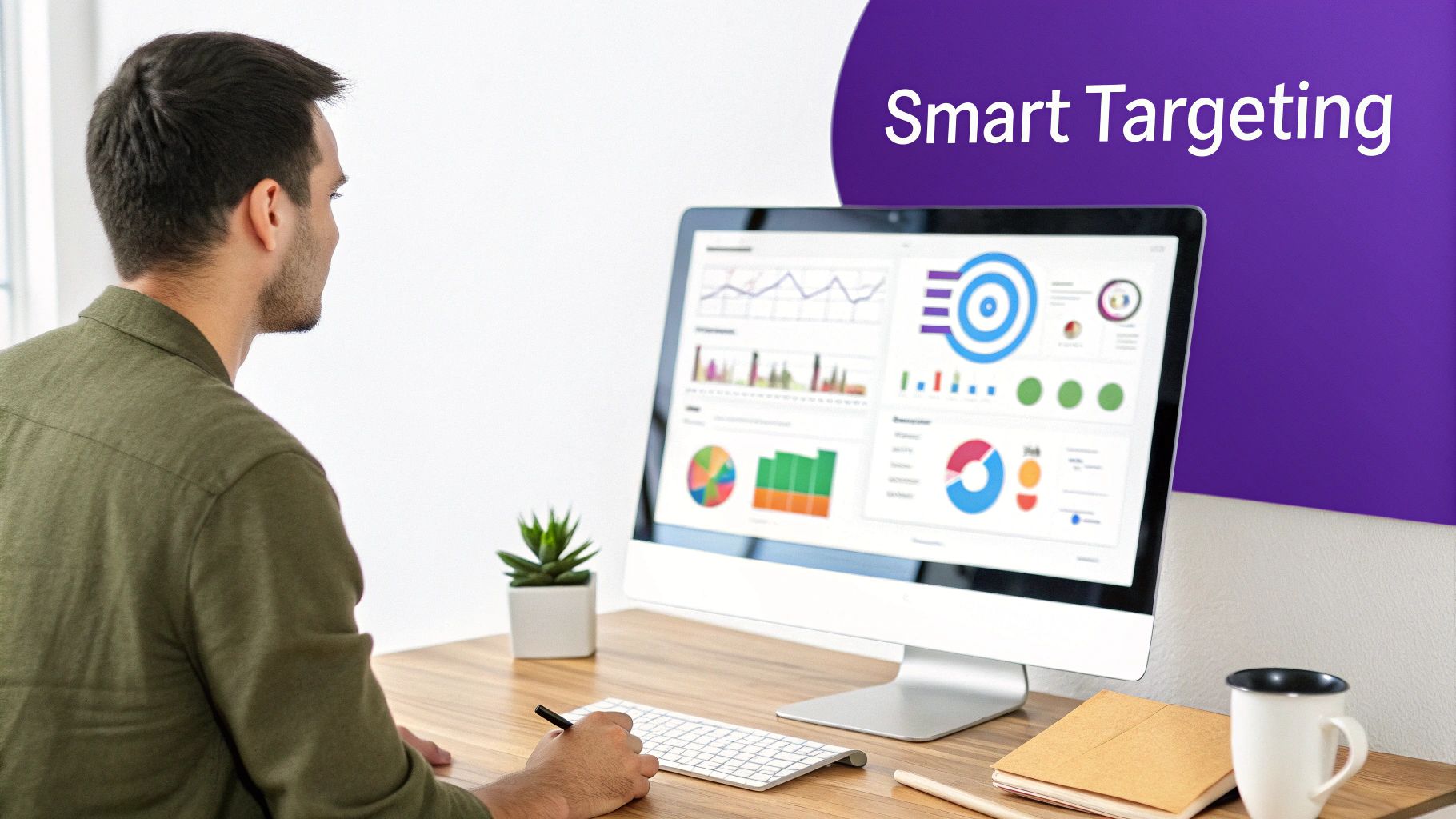 Man looking at a computer screen displaying business data, charts, and 'Smart Targeting' text.