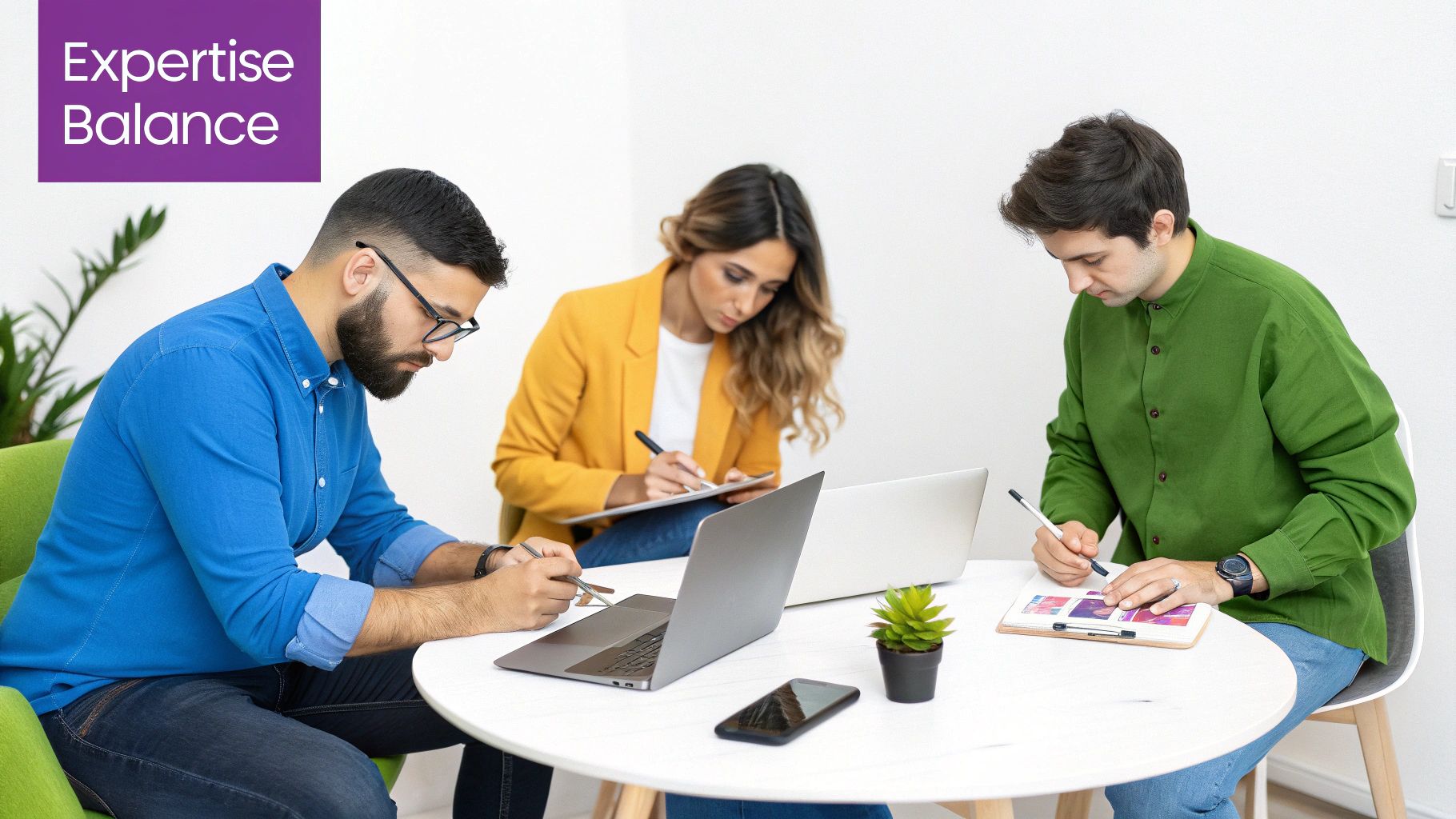 Three diverse professionals collaborating at a table with laptops and notebooks in a bright office.