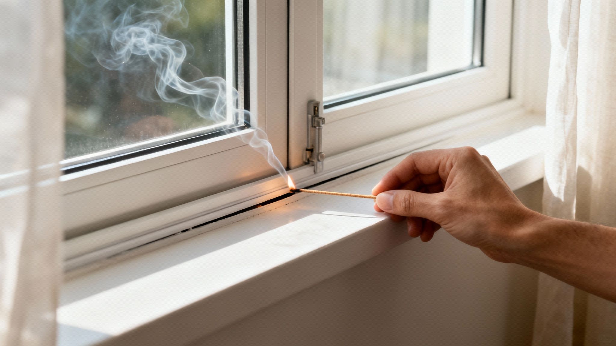 A hand holds a lit incense stick by a window seal, smoke revealing an air draft.