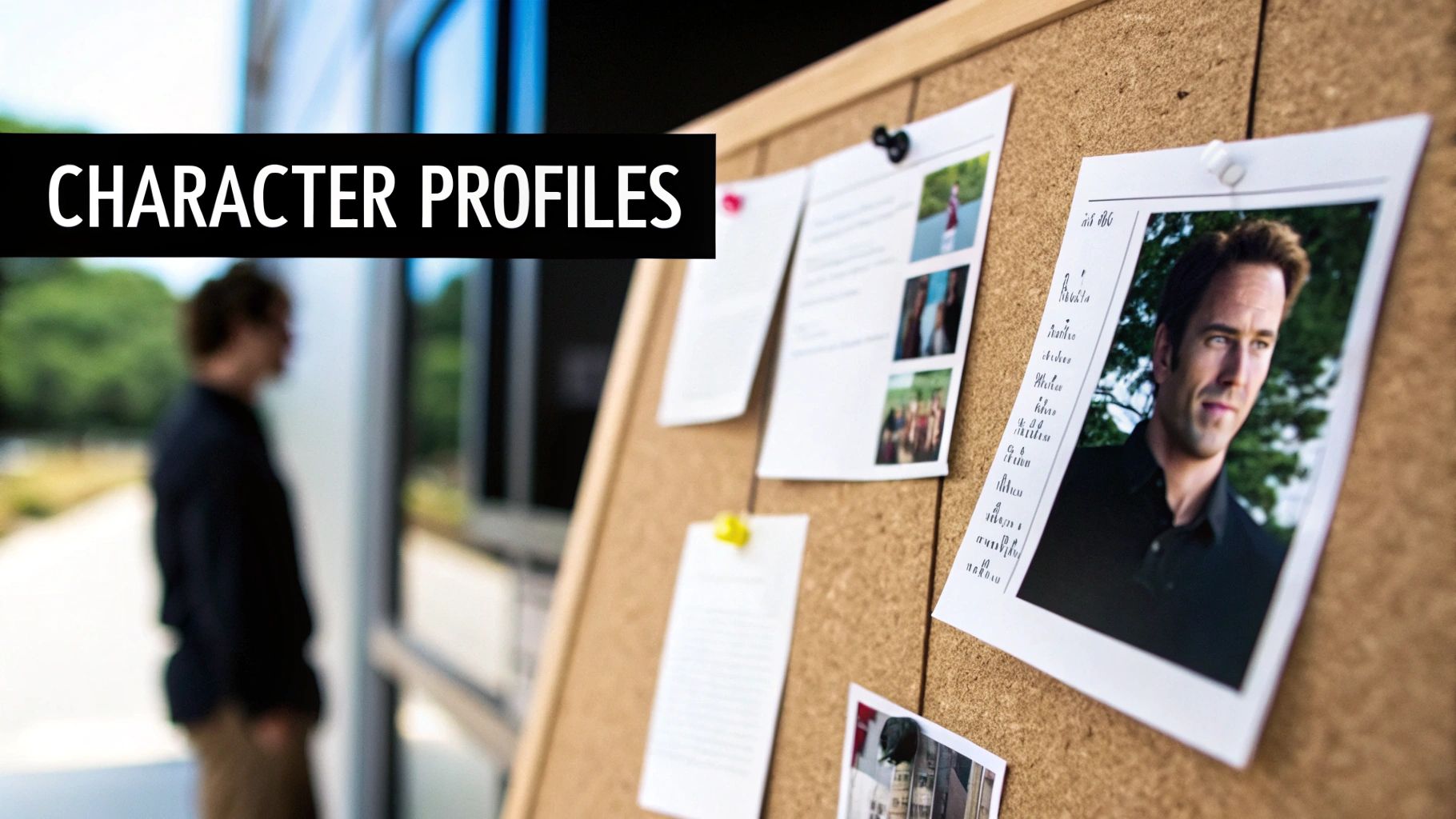 A cork board with character profiles pinned, featuring a photo of a man, and a blurry figure in the background.