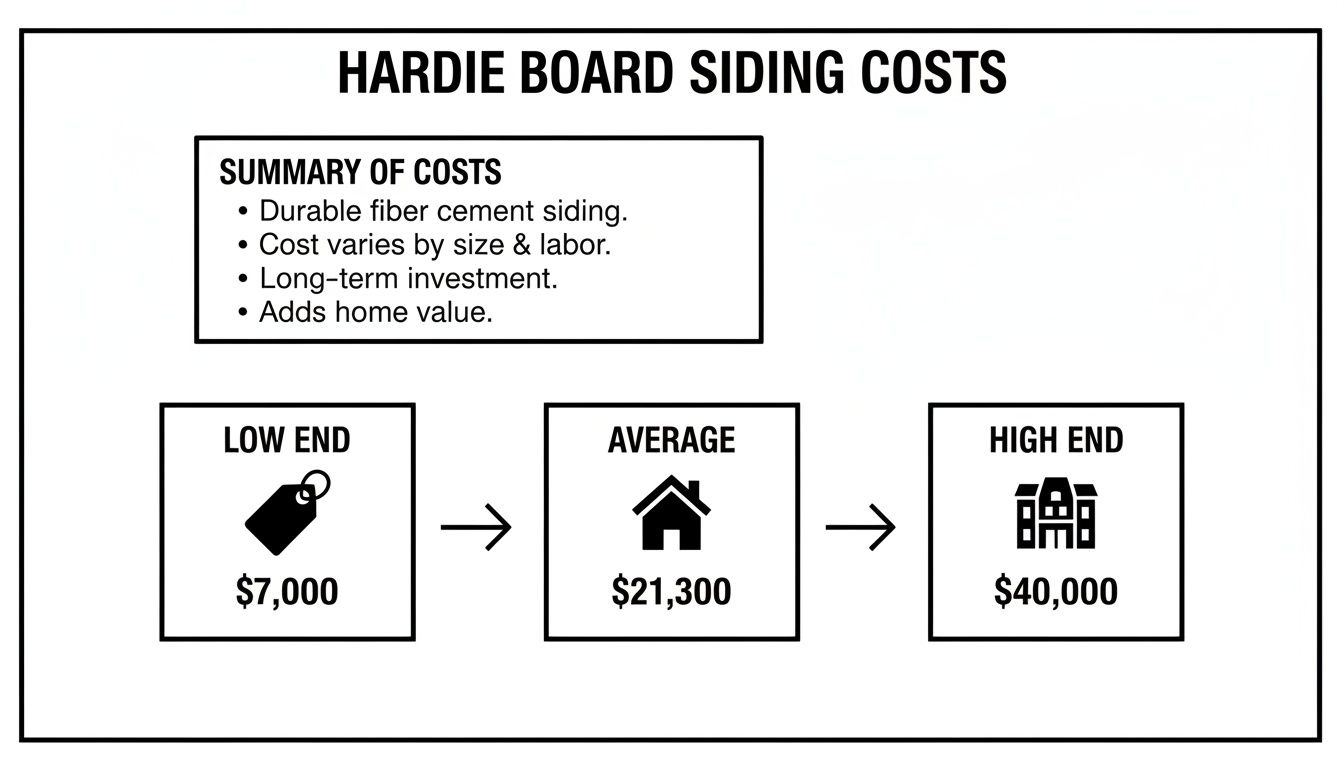 Infographic detailing Hardie board siding costs: low end, average, and high end prices, with a summary of benefits.
