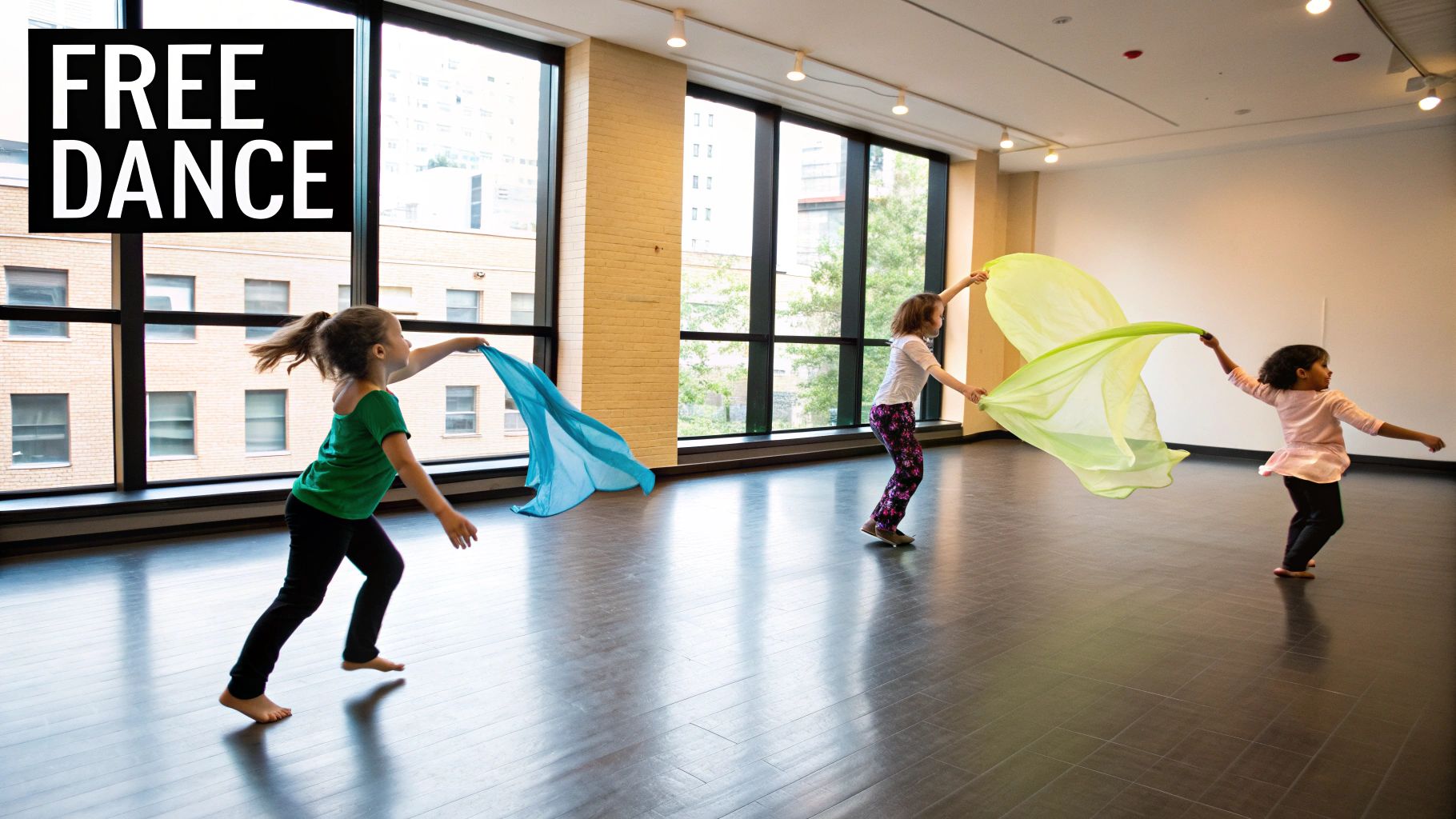 Three young girls joyfully dance with colorful scarves in a bright studio with large windows.