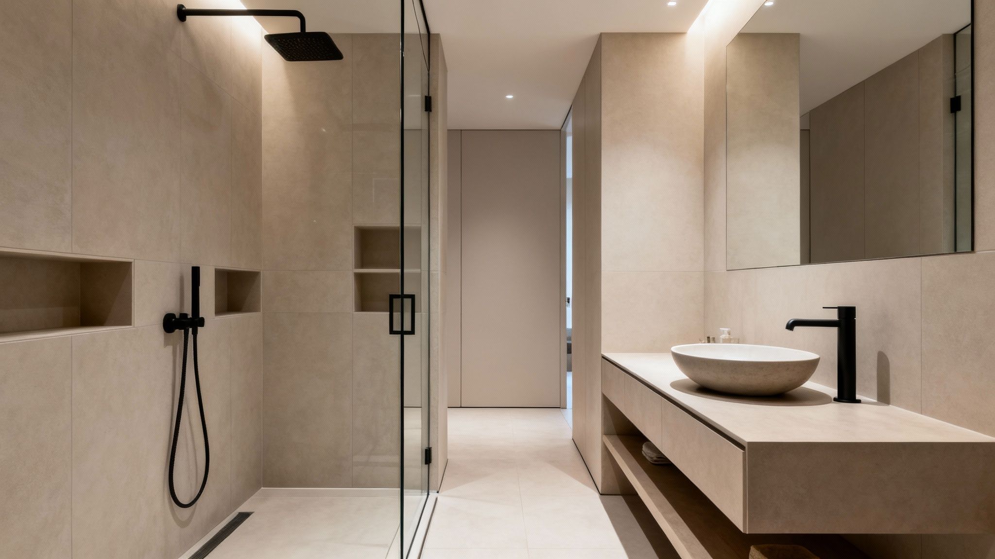 A modern minimalist bathroom with a walk-in shower, vessel sink, black fixtures, and beige tiles.