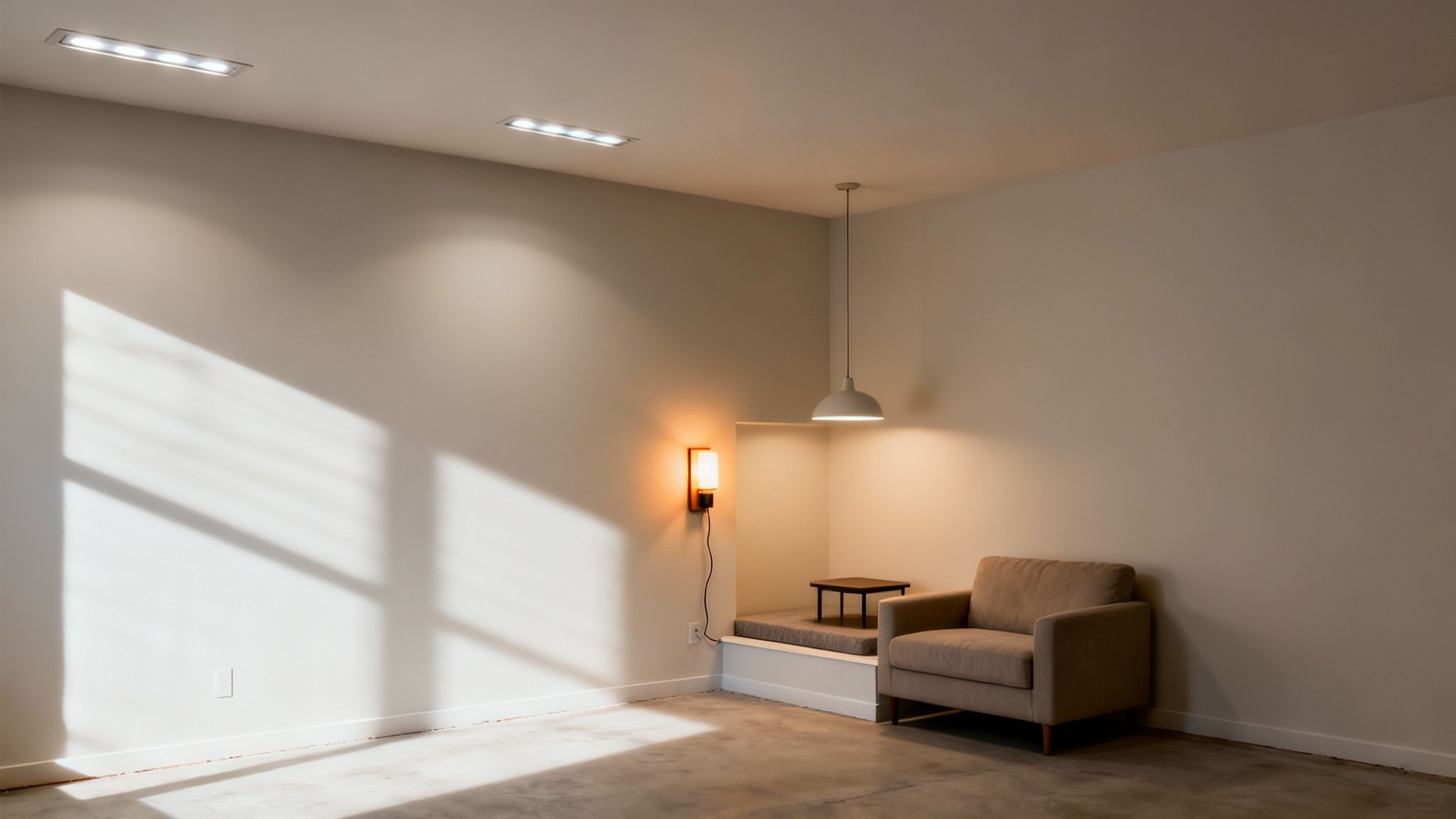 A modern, minimalist room featuring a cozy armchair, built-in bench, and various light fixtures, with sunlight casting geometric shadows.