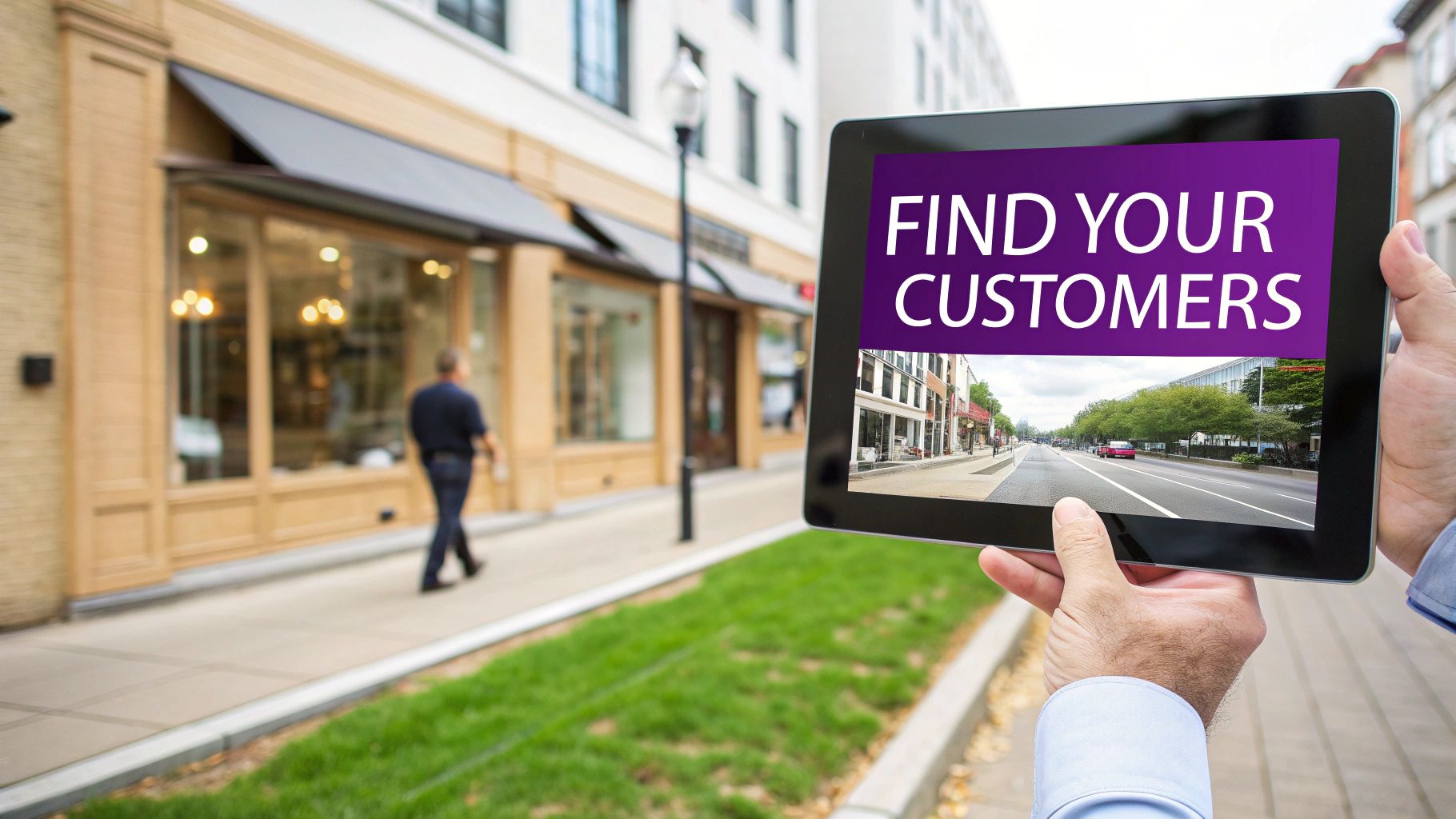 A person holds a tablet displaying 'FIND YOUR CUSTOMERS' with a street scene and blurred city background.