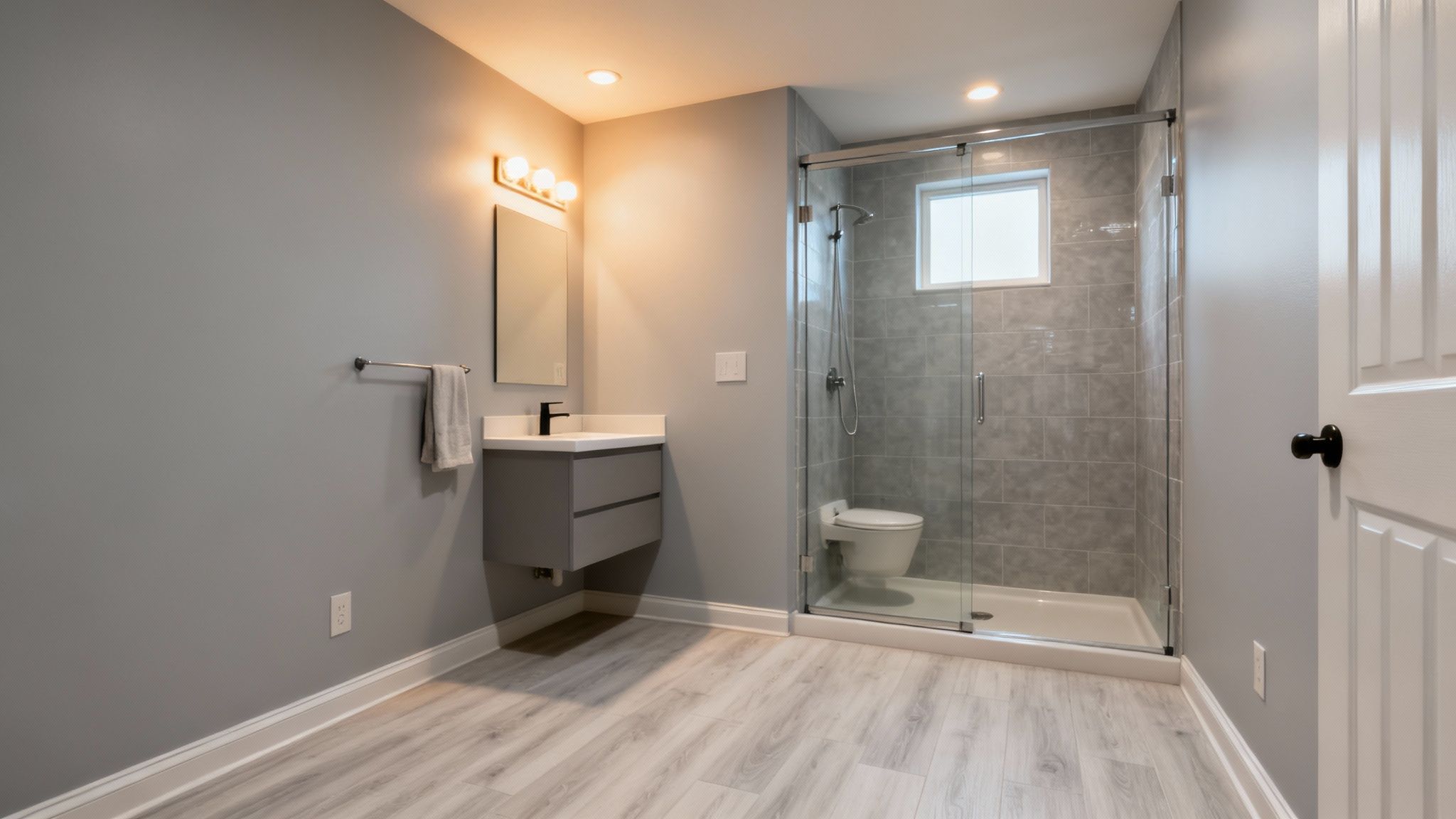 Modern basement bathroom featuring floating vanity, glass enclosed shower, and light wood flooring