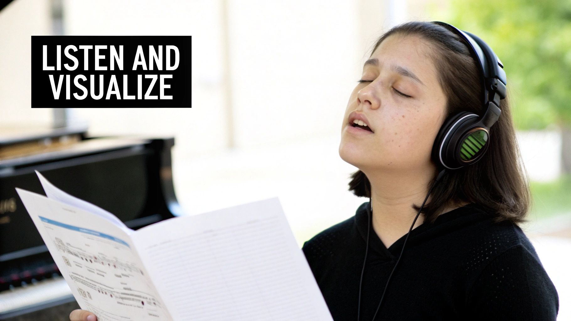 A girl with headphones sings emotionally, holding sheet music by a piano.