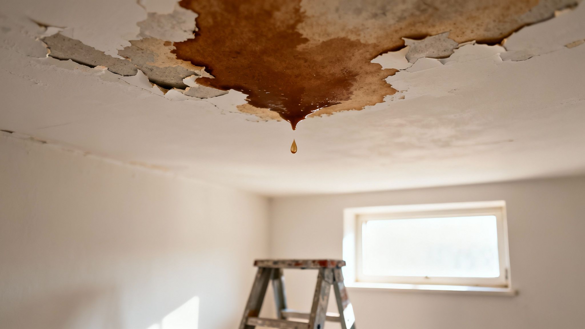 A brown water leak drips from a severely damaged ceiling with peeling paint, showing a significant home problem.