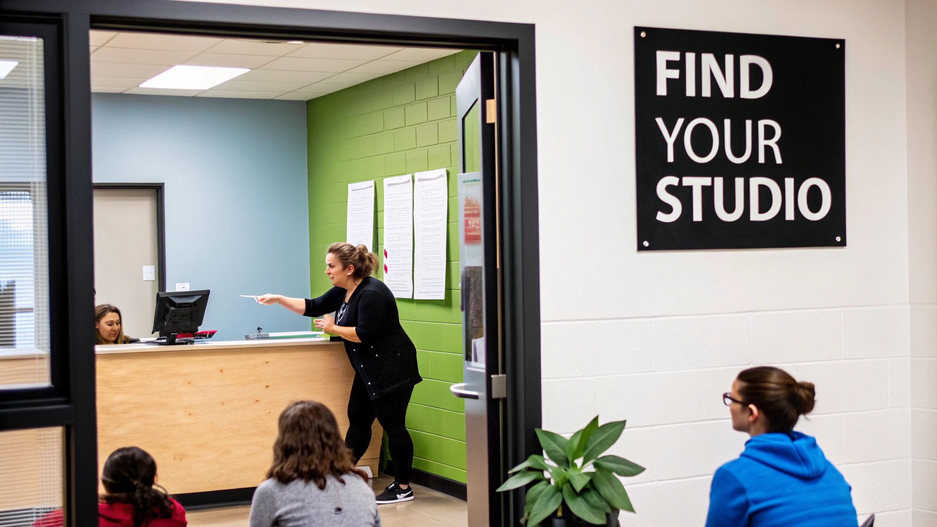 Instructor pointing in a vibrant dance studio reception with students and a 'FIND YOUR STUDIO' sign.