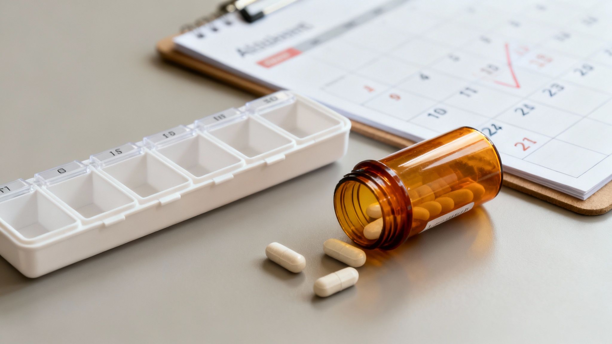 Pill organizer, an open pill bottle with capsules, and a calendar with an appointment marked.