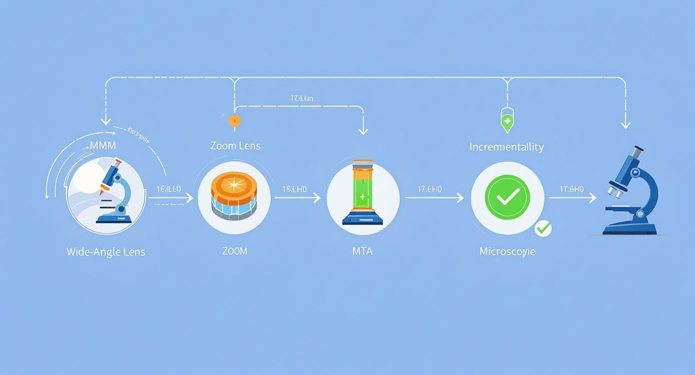 A blue and white flow chart illustrating stages from wide-angle to microscope, highlighting MMM, Zoom, MTA, and Incrementality.