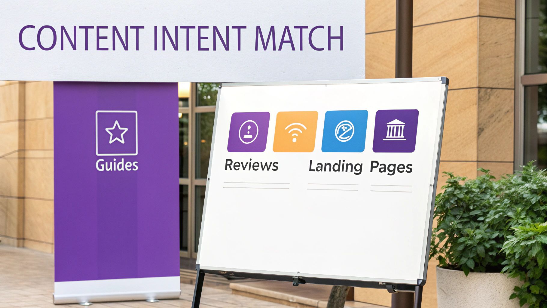 A sign displays 'Content Intent Match' next to a whiteboard detailing content types: Reviews, Landing Pages, and Guides.
