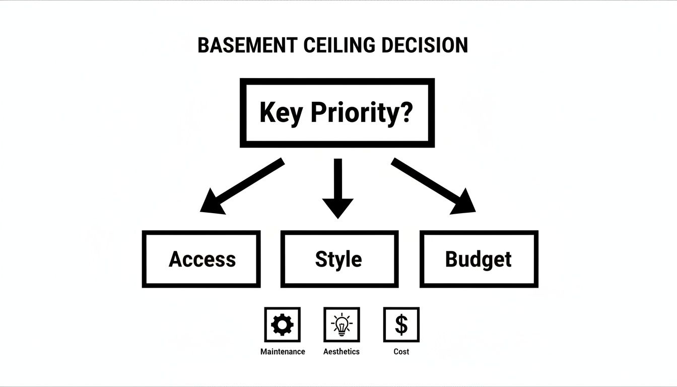 Flowchart outlining basement ceiling decision priorities: Access (Maintenance), Style (Aesthetics), and Budget (Cost).
