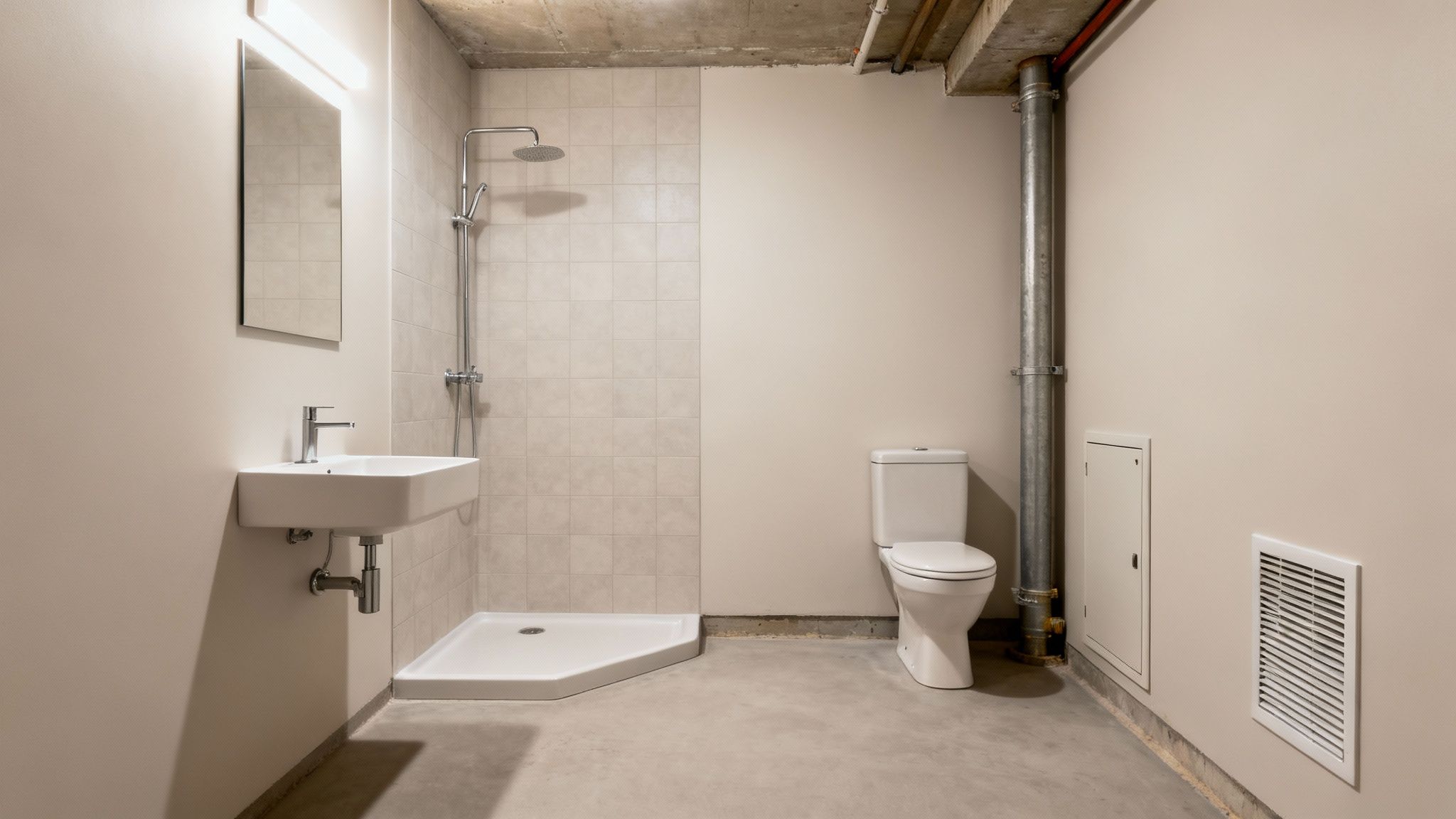 A newly installed, minimalist basement bathroom with a sink, shower, toilet, and exposed pipes.