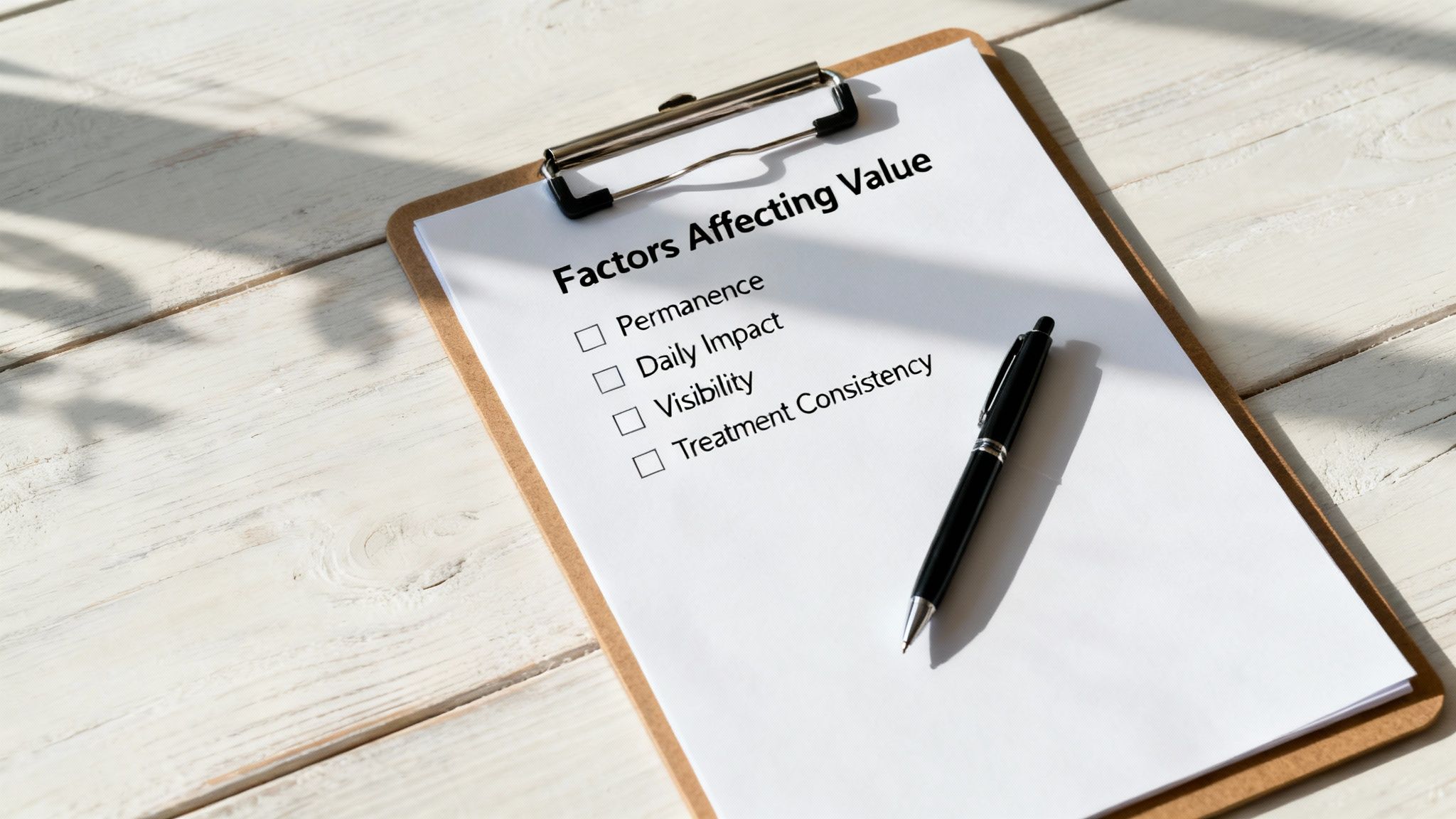 Clipboard with checklist of factors affecting value including permanence, daily impact, visibility, and treatment consistency