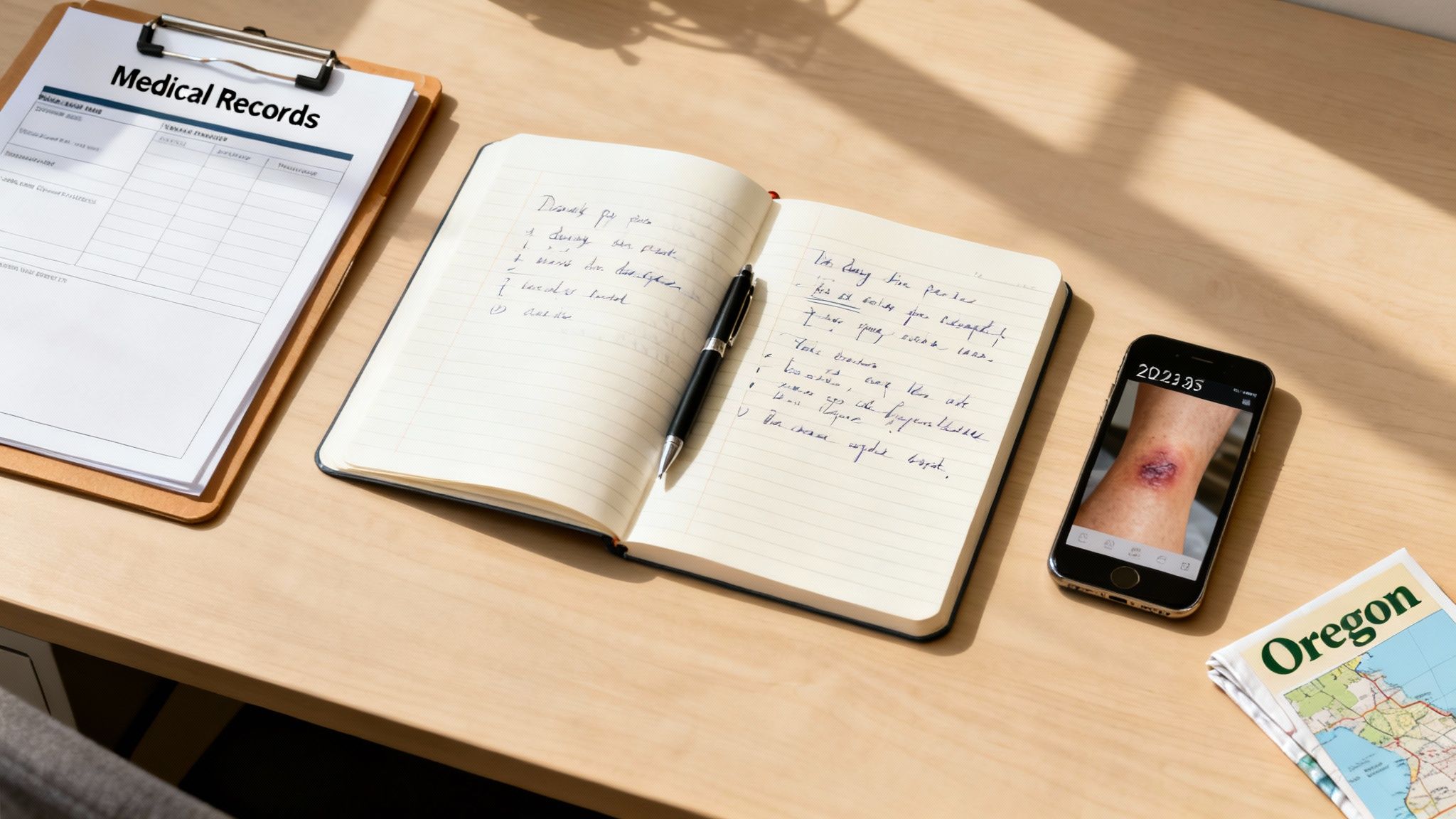 A desk with medical records, a notebook, a pen, a phone showing a leg wound, and an Oregon map.