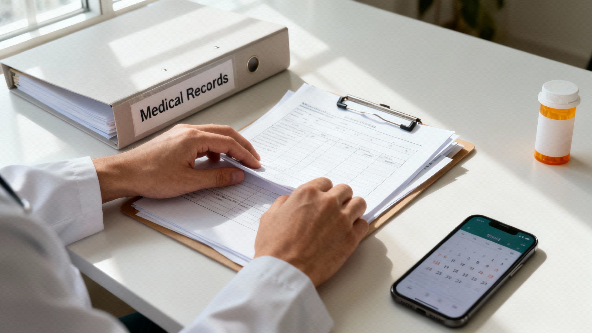 A doctor reviews medical records on a desk with a binder, clipboard, pill bottle, and smartphone.