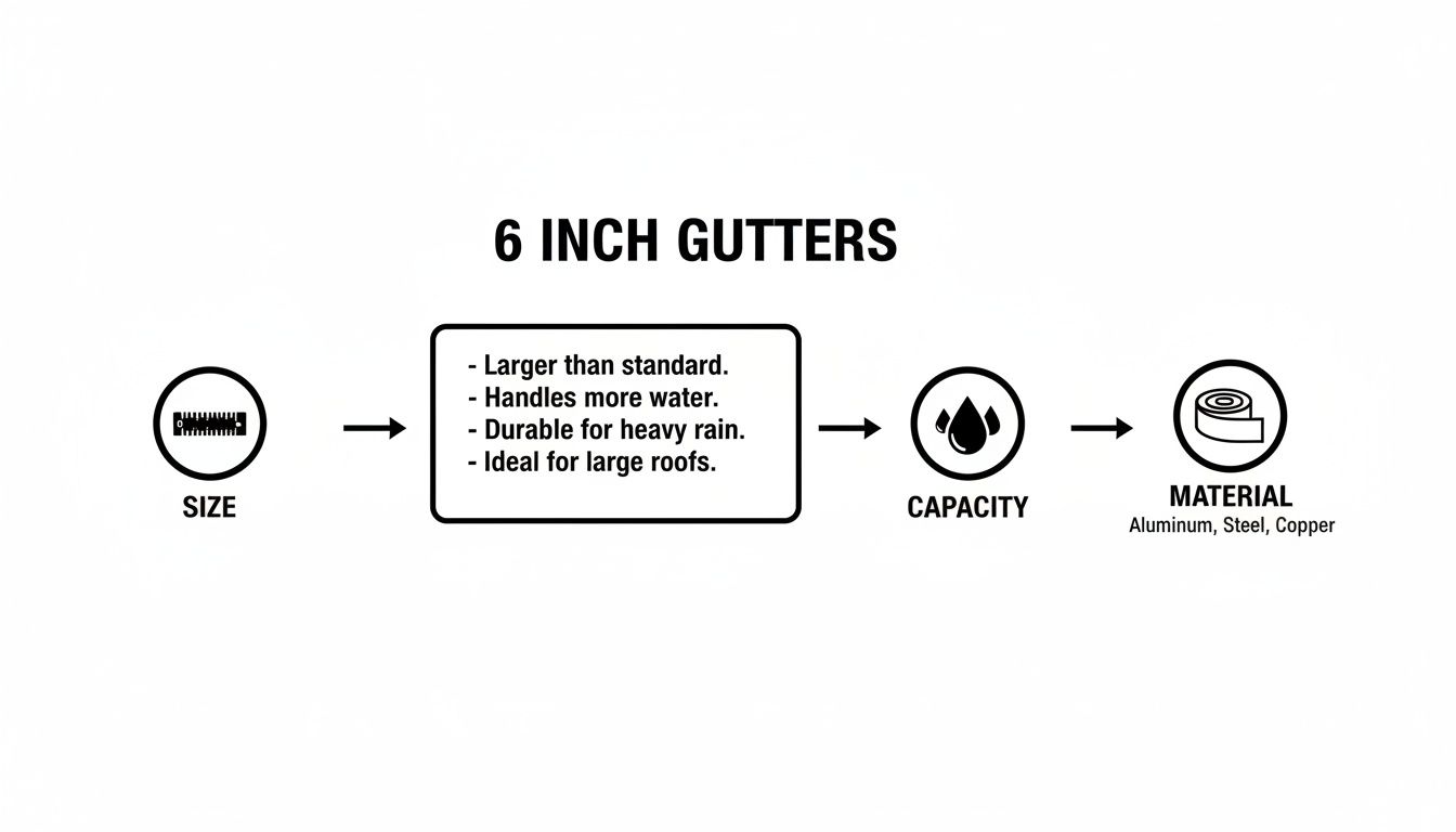 Flowchart detailing the benefits and material options of 6-inch gutters, including capacity and size.