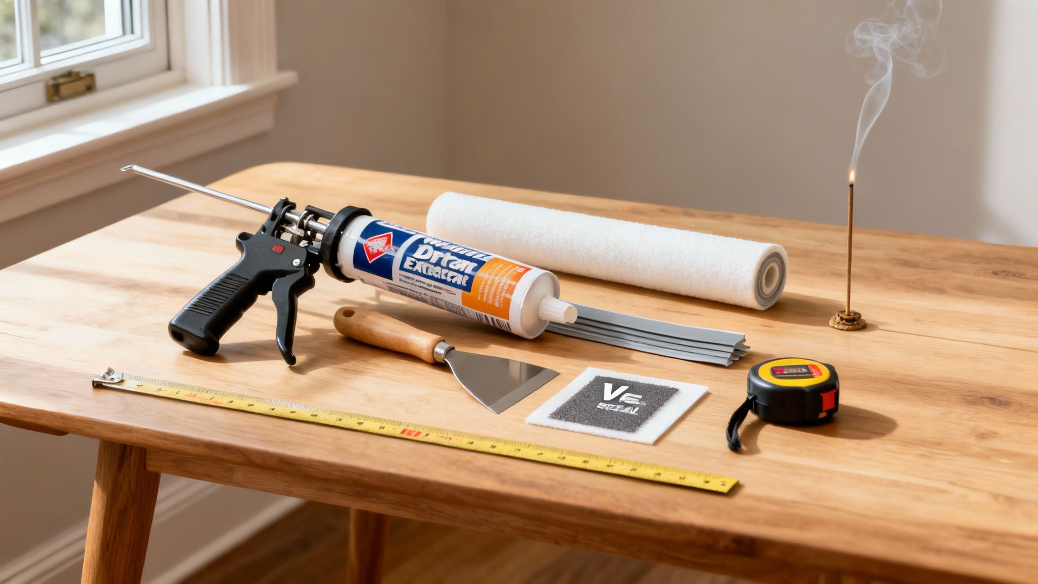 A caulk gun, sealant tube, tape measure, and other tools for home improvement on a wooden table.