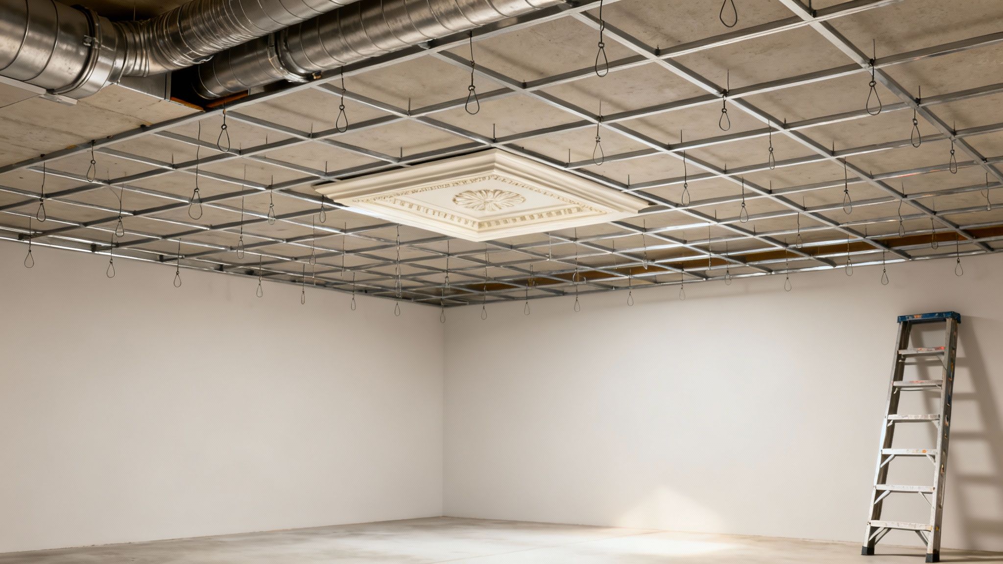 A room under construction with exposed ceiling grid, visible ductwork, a decorative medallion, and a ladder.