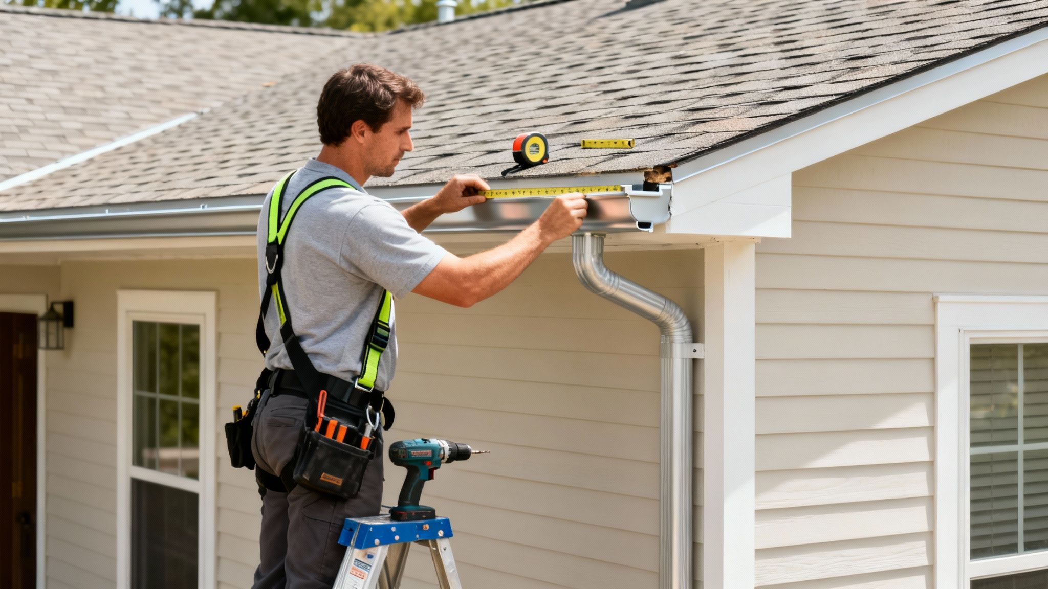 A man in a safety harness measures a gutter on a house roof with a tape measure.