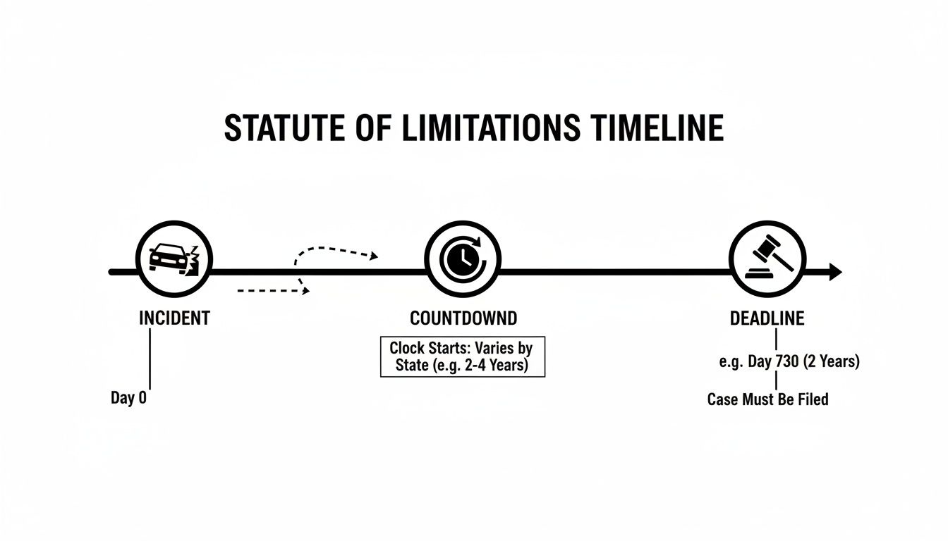 Infographic illustrating the statute of limitations timeline from an incident to the legal filing deadline.
