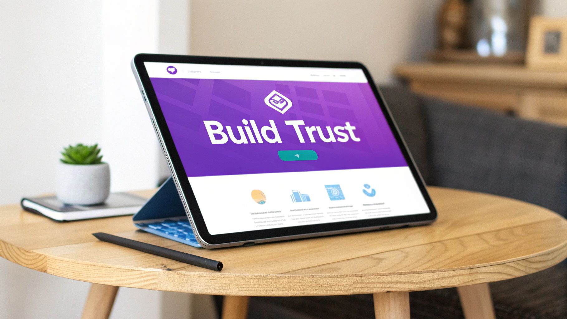 A tablet on a wooden table displays a 'Build Trust' website, with a pen and plant nearby.