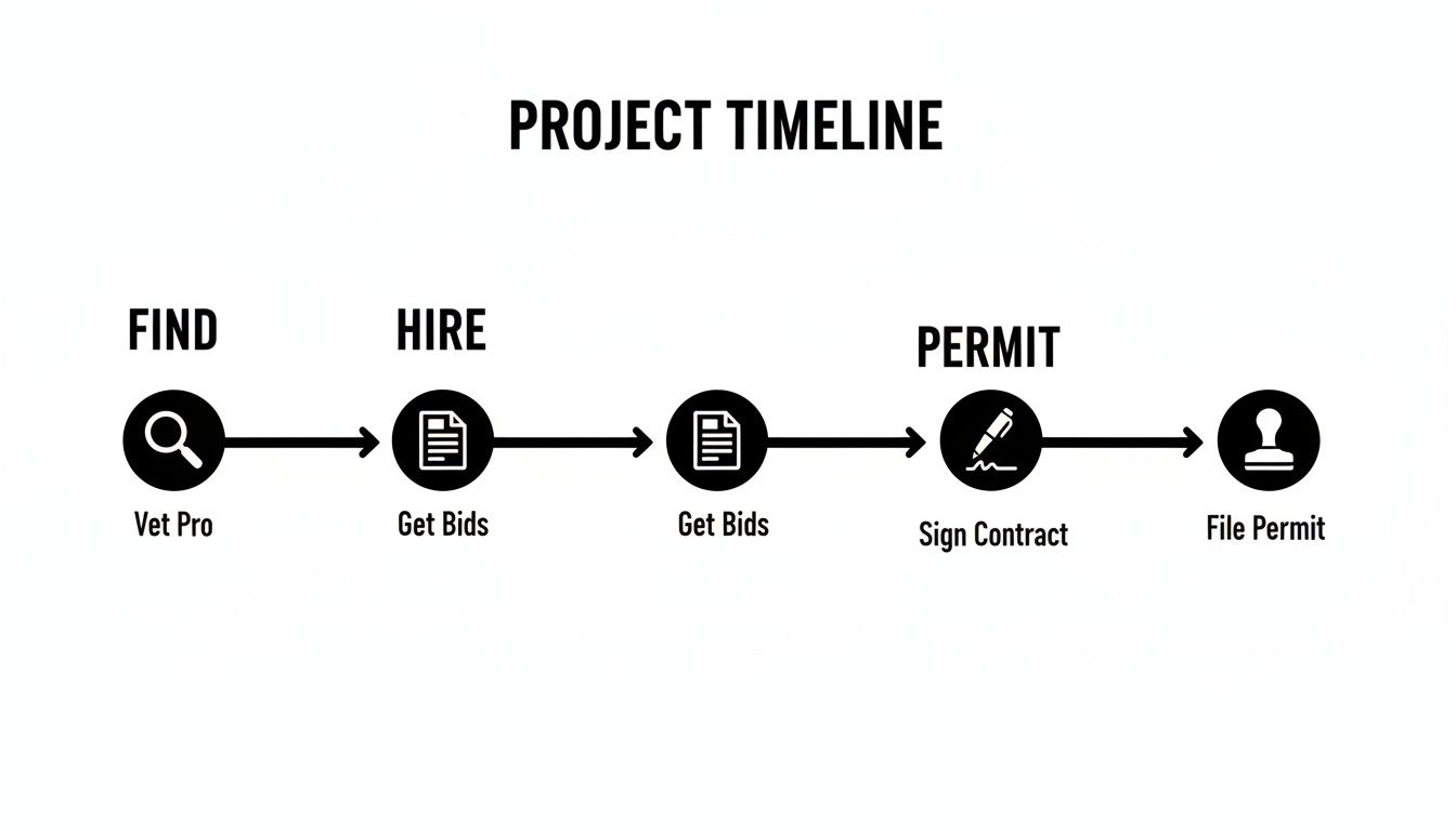 A project timeline illustrating steps for finding, hiring, and permitting, including vetting, getting bids, signing contracts, and filing permits.