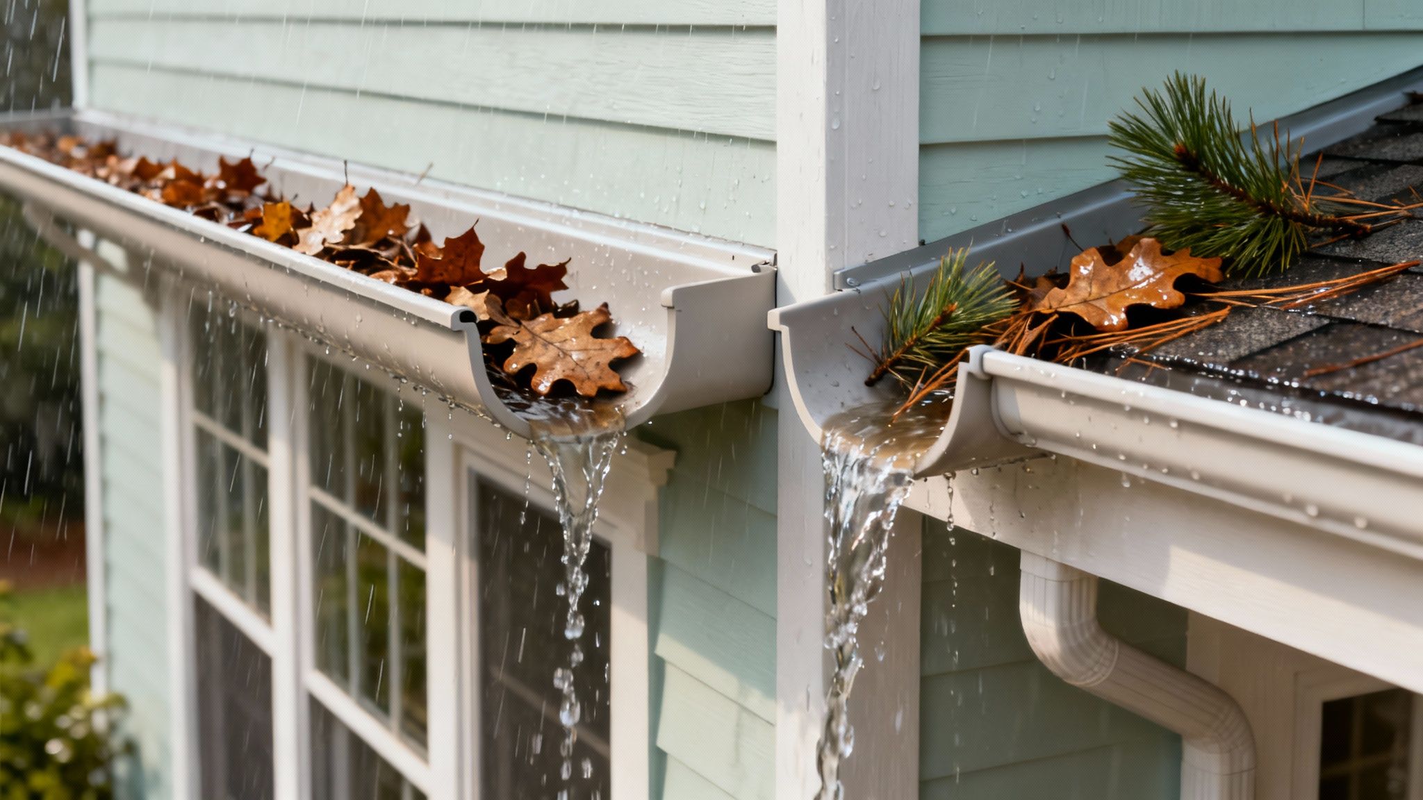 Clogged rain gutters overflowing with water and filled with autumn leaves and pine needles