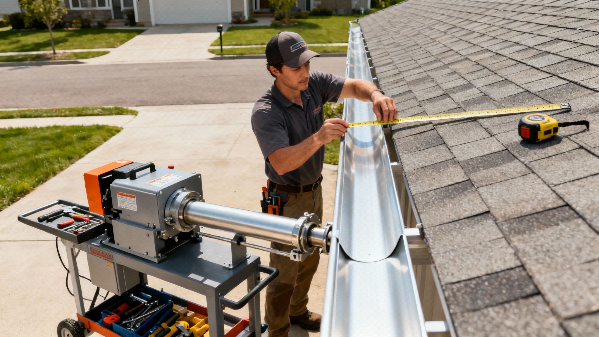 Professional contractor measuring seamless gutter on residential roof with specialized equipment and tools