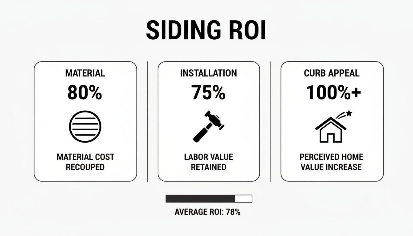 Infographic illustrating Siding Return on Investment, showing material cost, installation labor, and curb appeal value percentages.