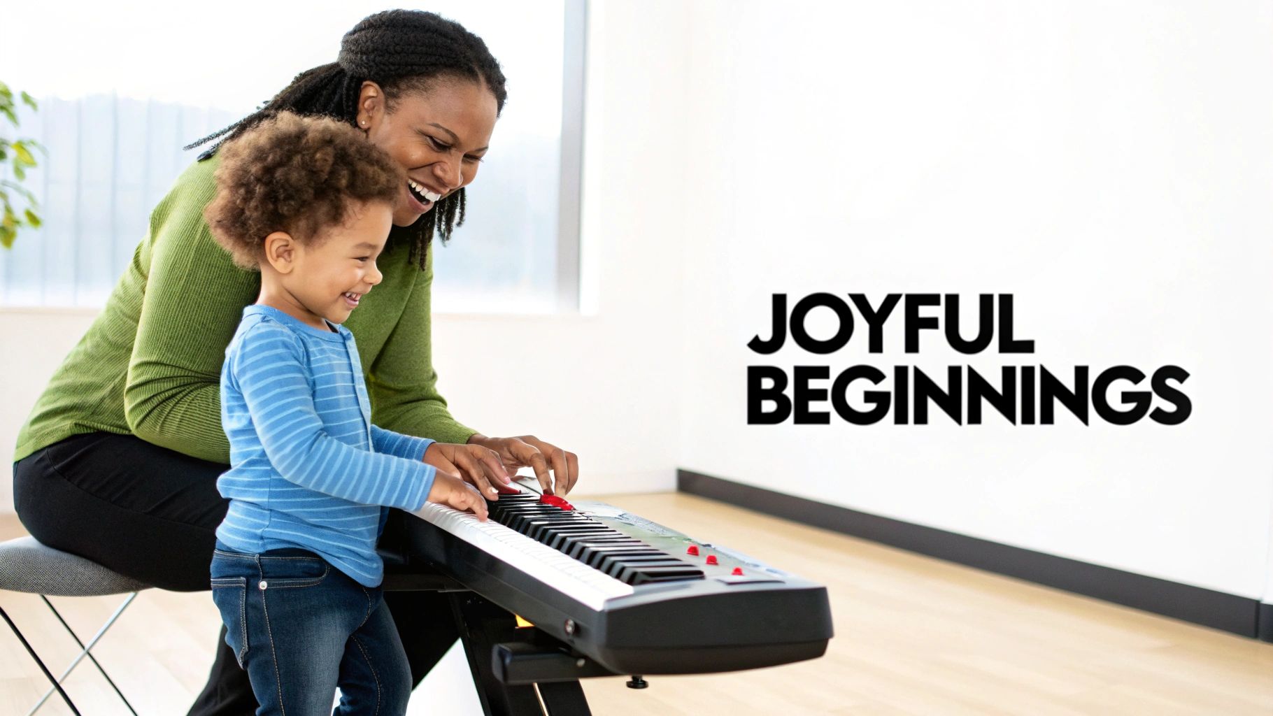 A smiling Black woman and a young boy happily play an electronic piano keyboard, celebrating joyful beginnings.